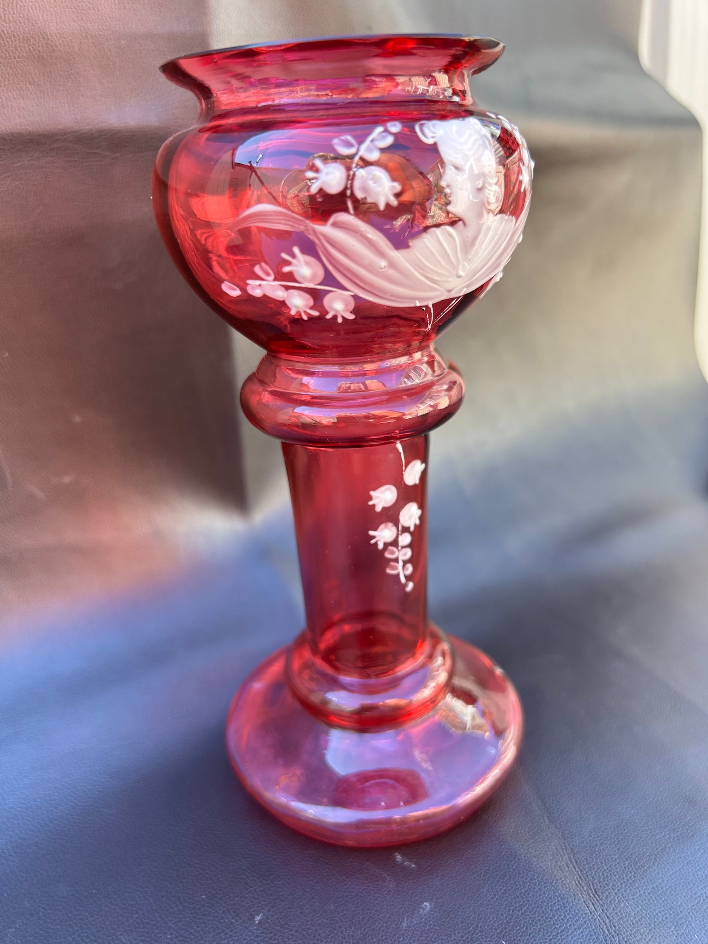 Antique Cranberry Glass Vase By Mary Gregory With White Enamel Design