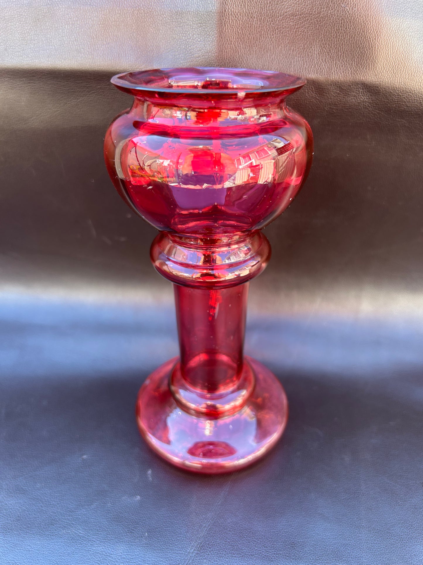 Antique Cranberry Glass Vase By Mary Gregory With White Enamel Design