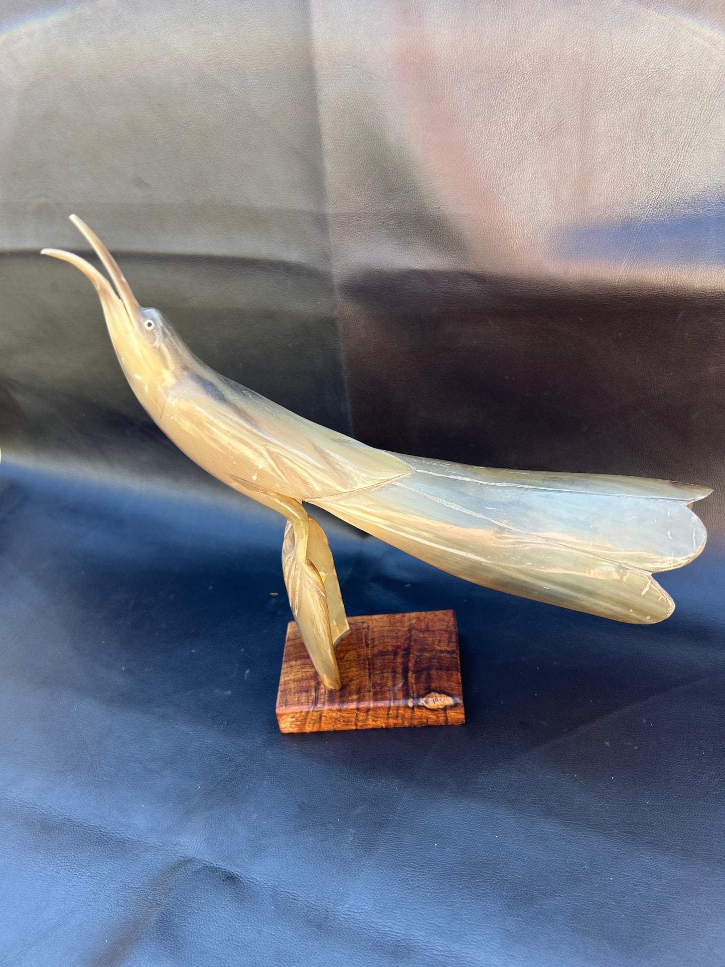 Vintage Mid Century Cow Horn Sculptured Sea Bird On Oak Base Retro