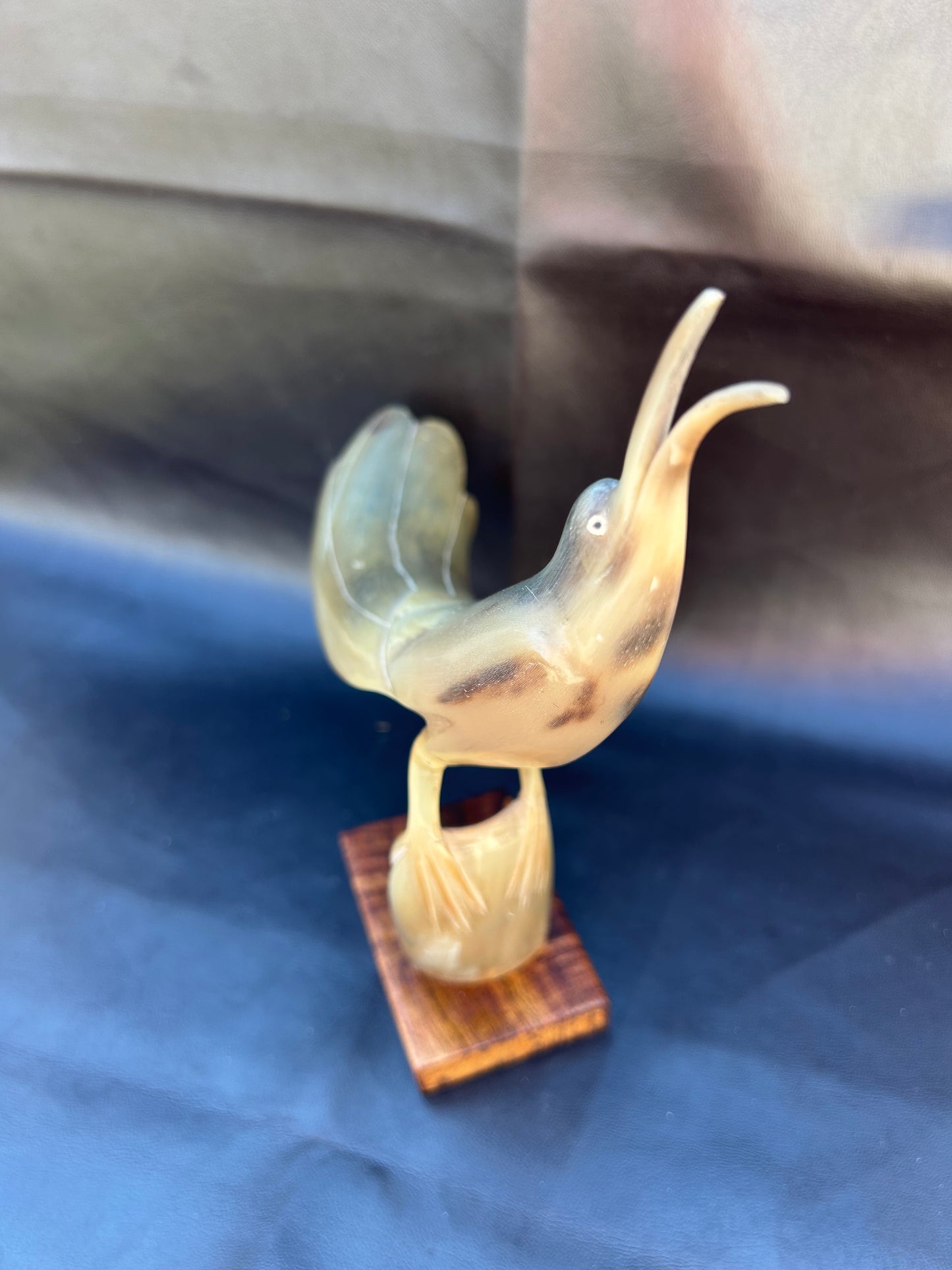 Vintage Mid Century Cow Horn Sculptured Sea Bird On Oak Base Retro