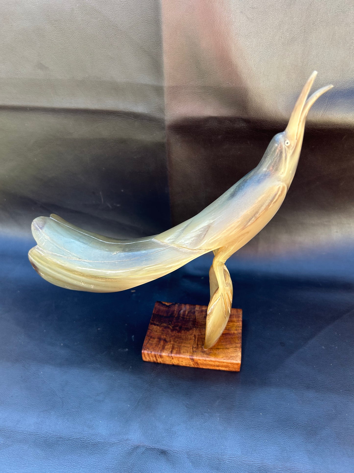 Vintage Mid Century Cow Horn Sculptured Sea Bird On Oak Base Retro