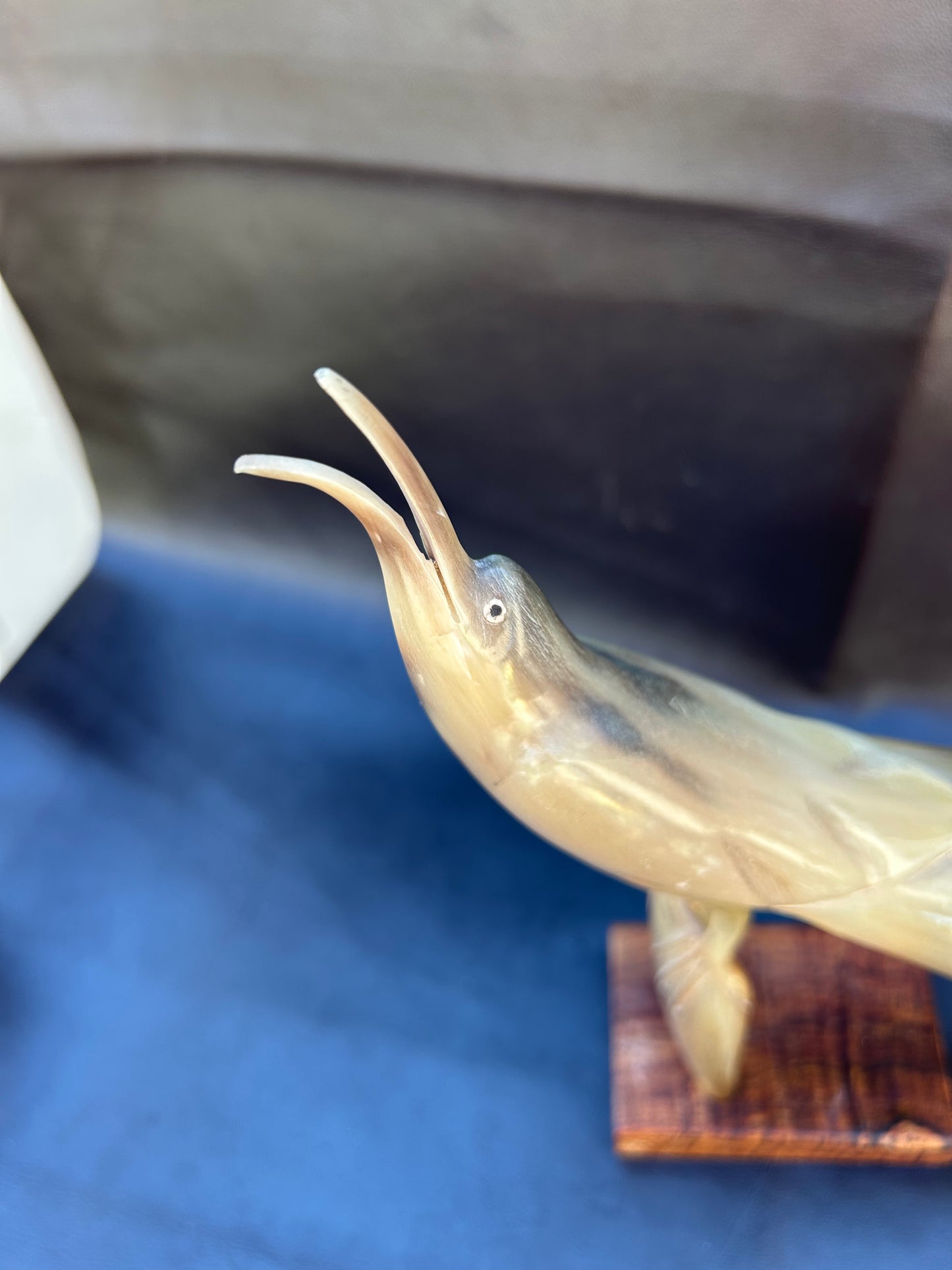Vintage Mid Century Cow Horn Sculptured Sea Bird On Oak Base Retro