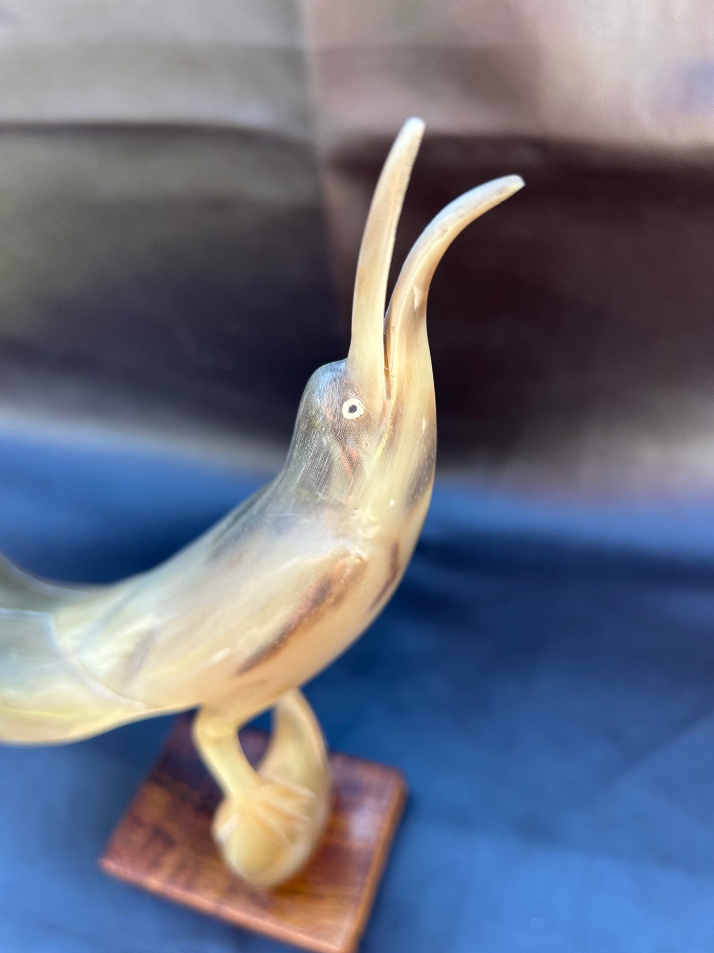 Vintage Mid Century Cow Horn Sculptured Sea Bird On Oak Base Retro