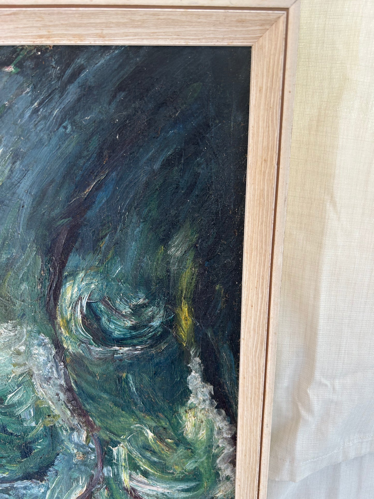 Vintage Retro Textured Original Art In Blues Greens Depicting Waves Ocean c1966