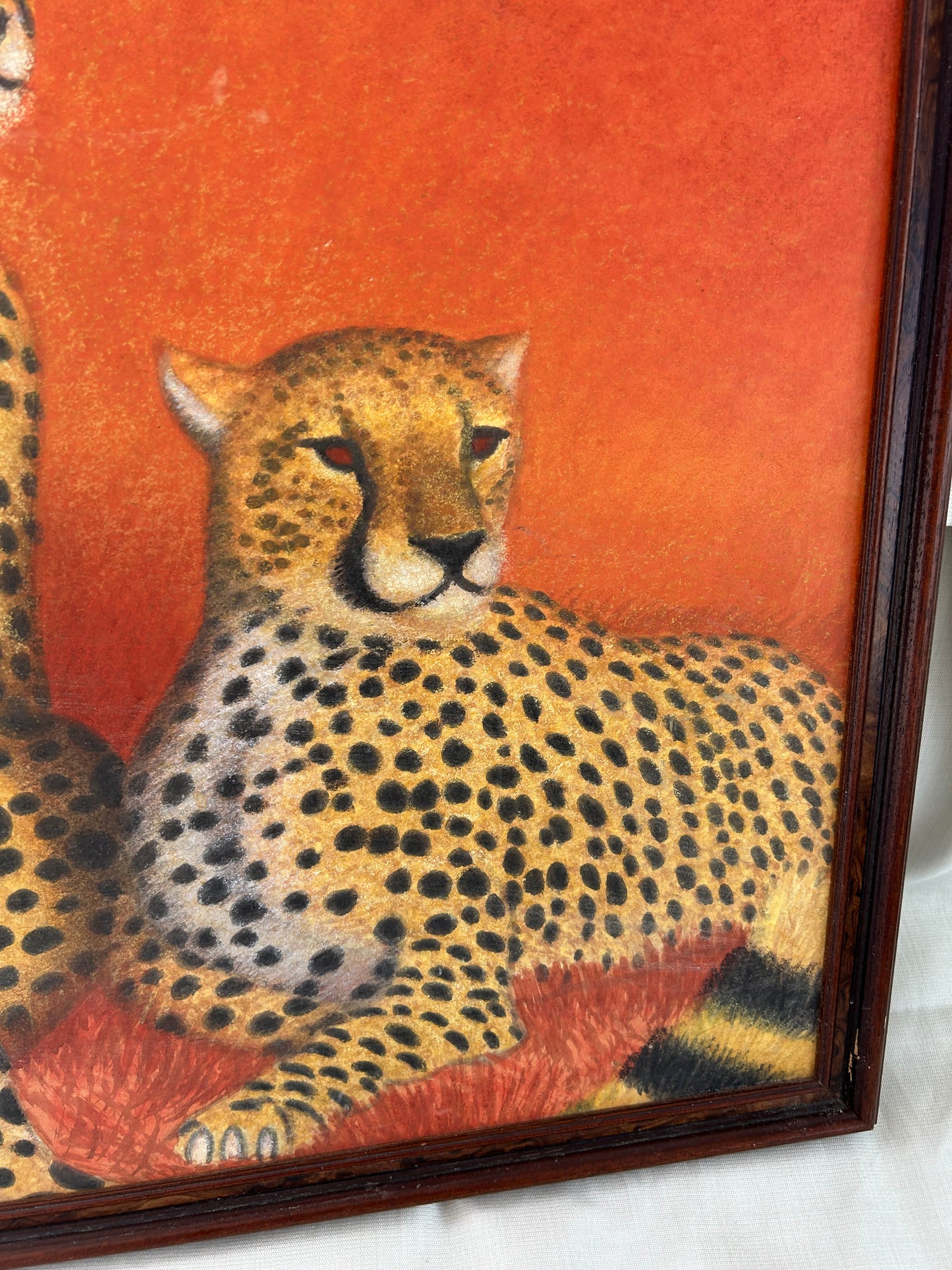 True Retro Vintage Original Painting In Orange with Leopards Signed And Framed