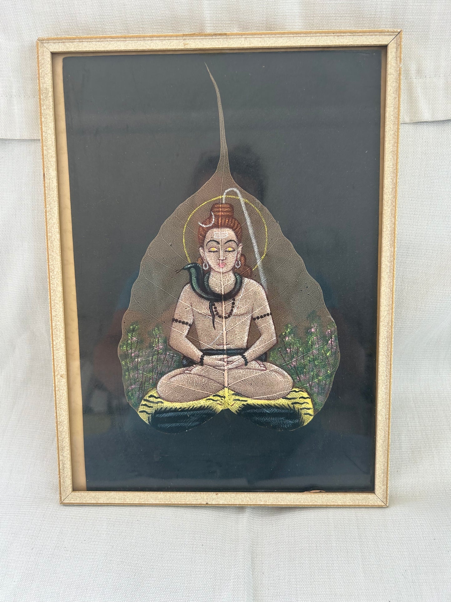 Peepal Leaf Painting Lord Shiva Sacred Meditation Religious Art Framed