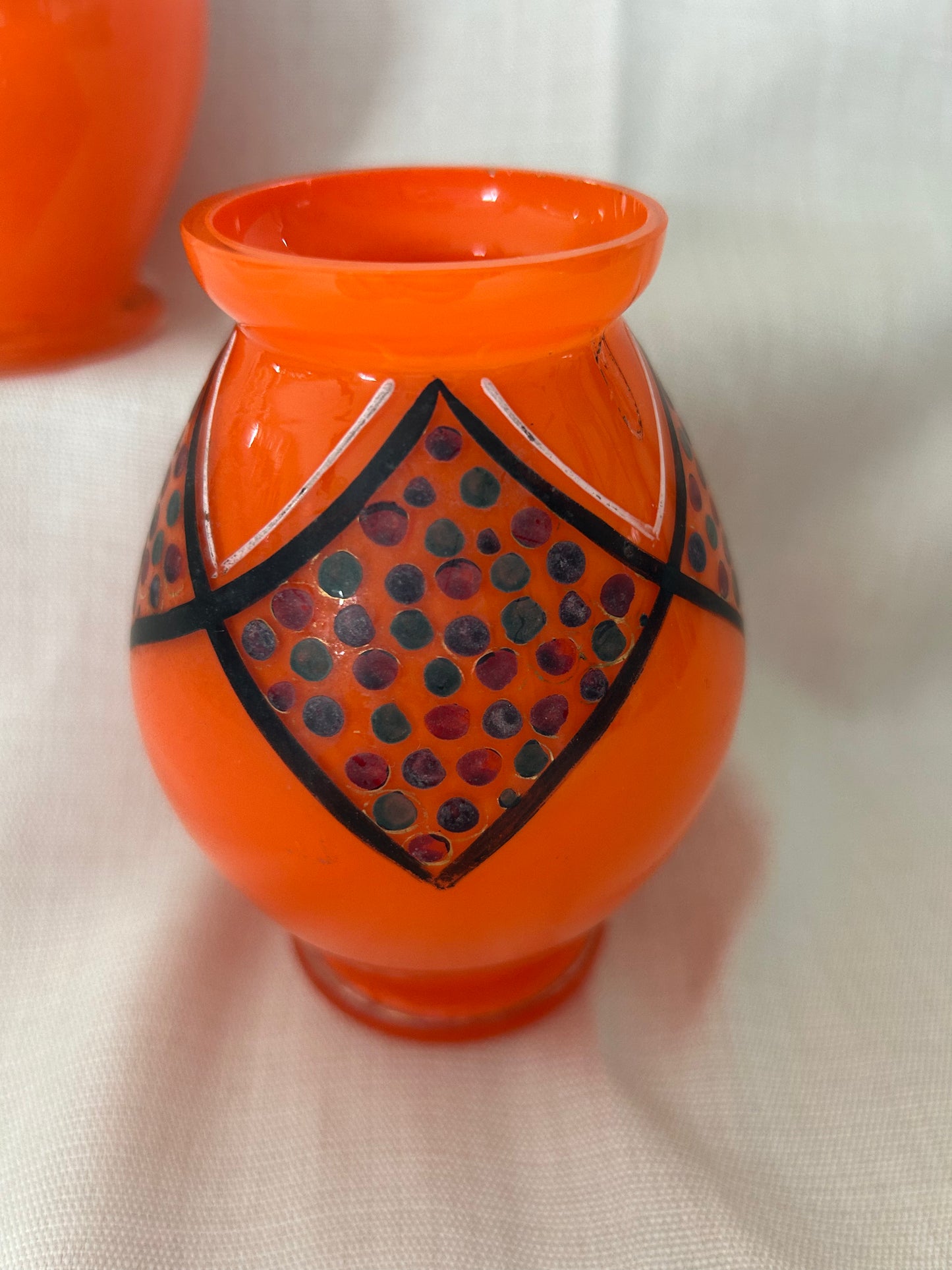 Pair Of Tango Art Deco Manner Of Loetz Orange Glass Vases Czech Bohemian