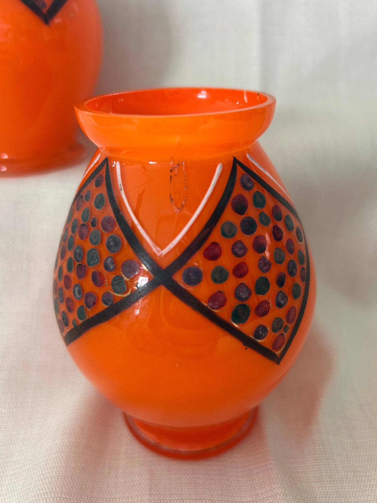 Pair Of Tango Art Deco Manner Of Loetz Orange Glass Vases Czech Bohemian