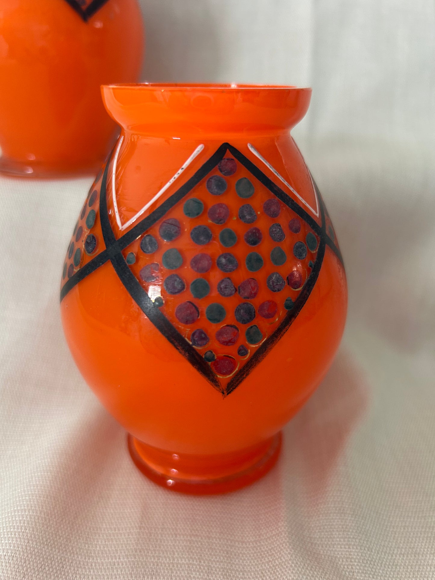 Pair Of Tango Art Deco Manner Of Loetz Orange Glass Vases Czech Bohemian