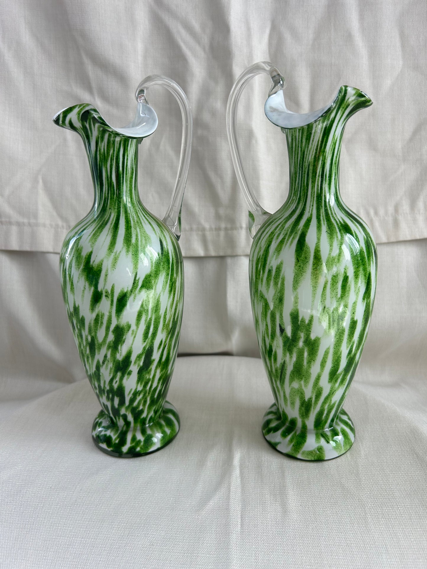 Vintage Pair Franz Welz Bohemian Glass Ewers In Green & White Splatter Jugs