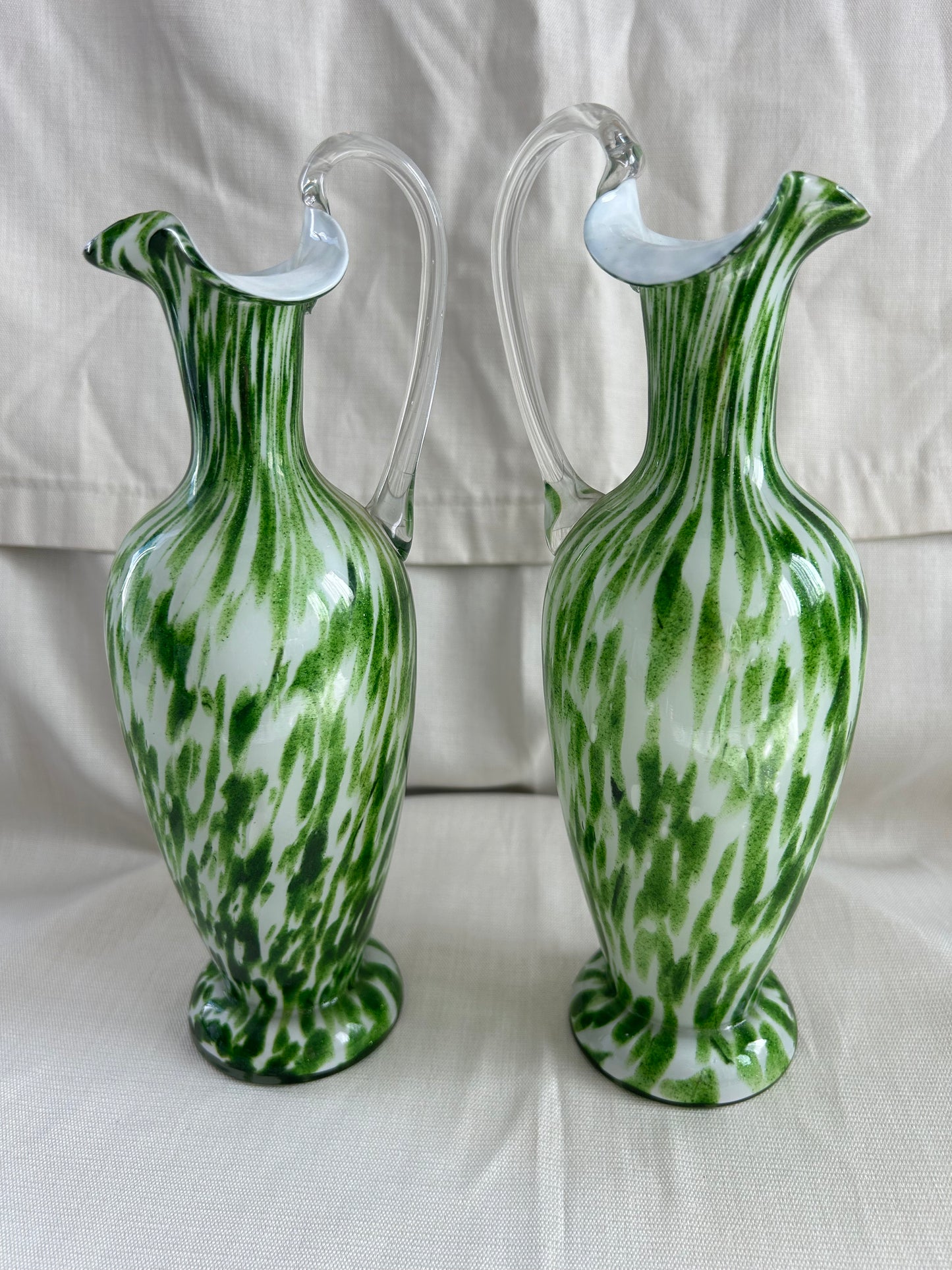 Vintage Pair Franz Welz Bohemian Glass Ewers In Green & White Splatter Jugs