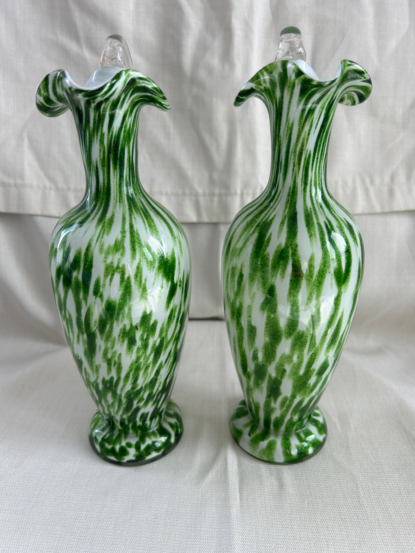 Vintage Pair Franz Welz Bohemian Glass Ewers In Green & White Splatter Jugs