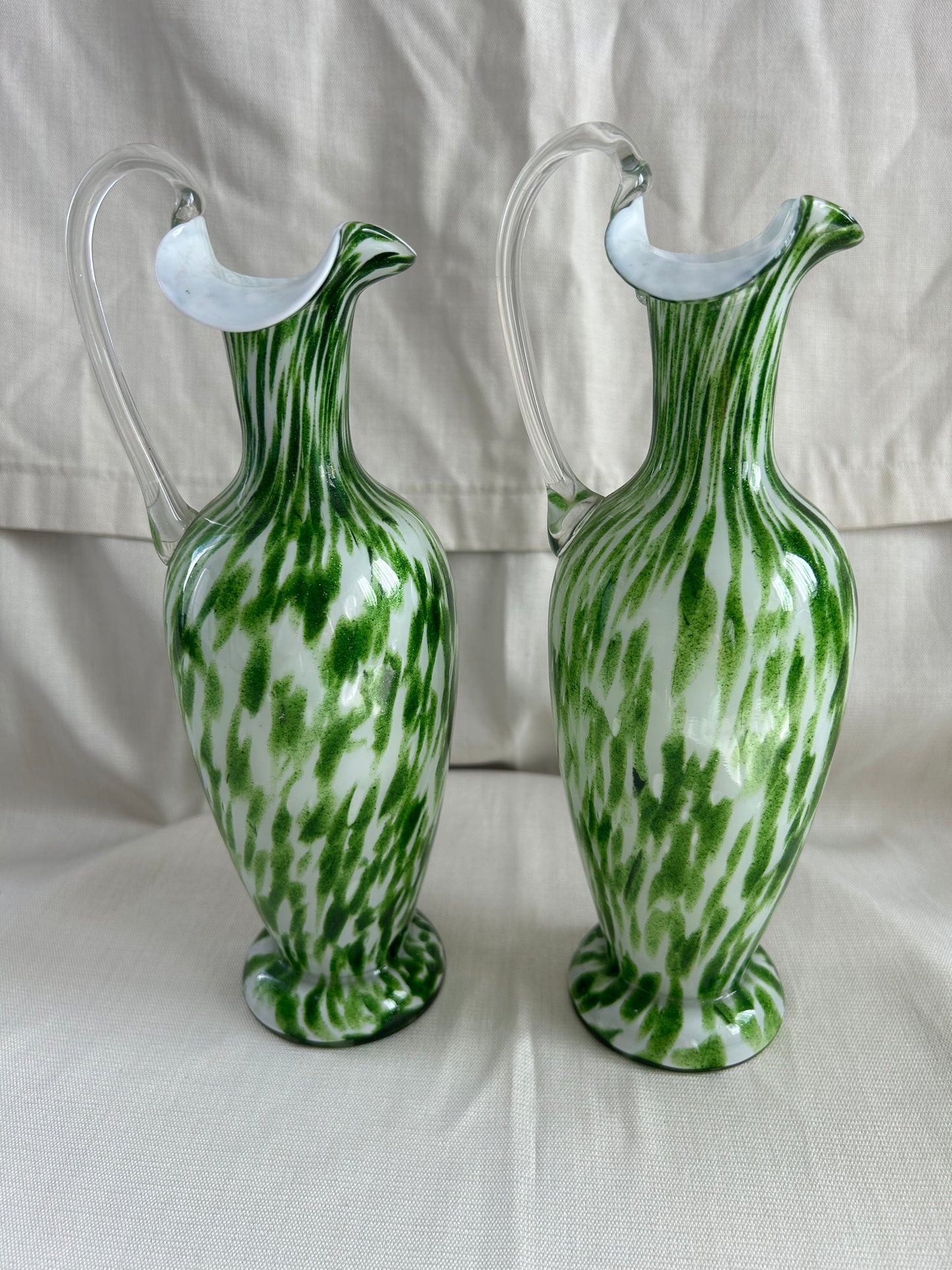 Vintage Pair Franz Welz Bohemian Glass Ewers In Green & White Splatter Jugs