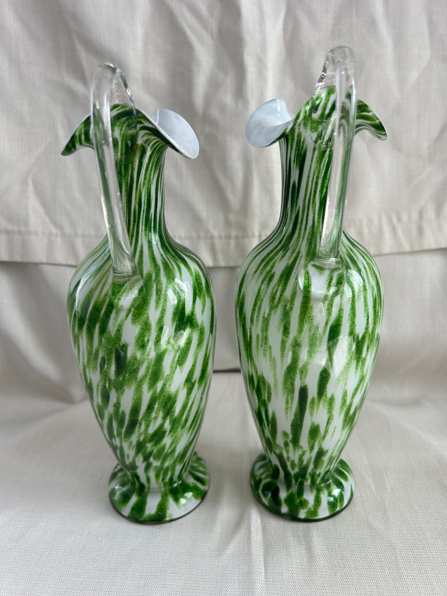 Vintage Pair Franz Welz Bohemian Glass Ewers In Green & White Splatter Jugs