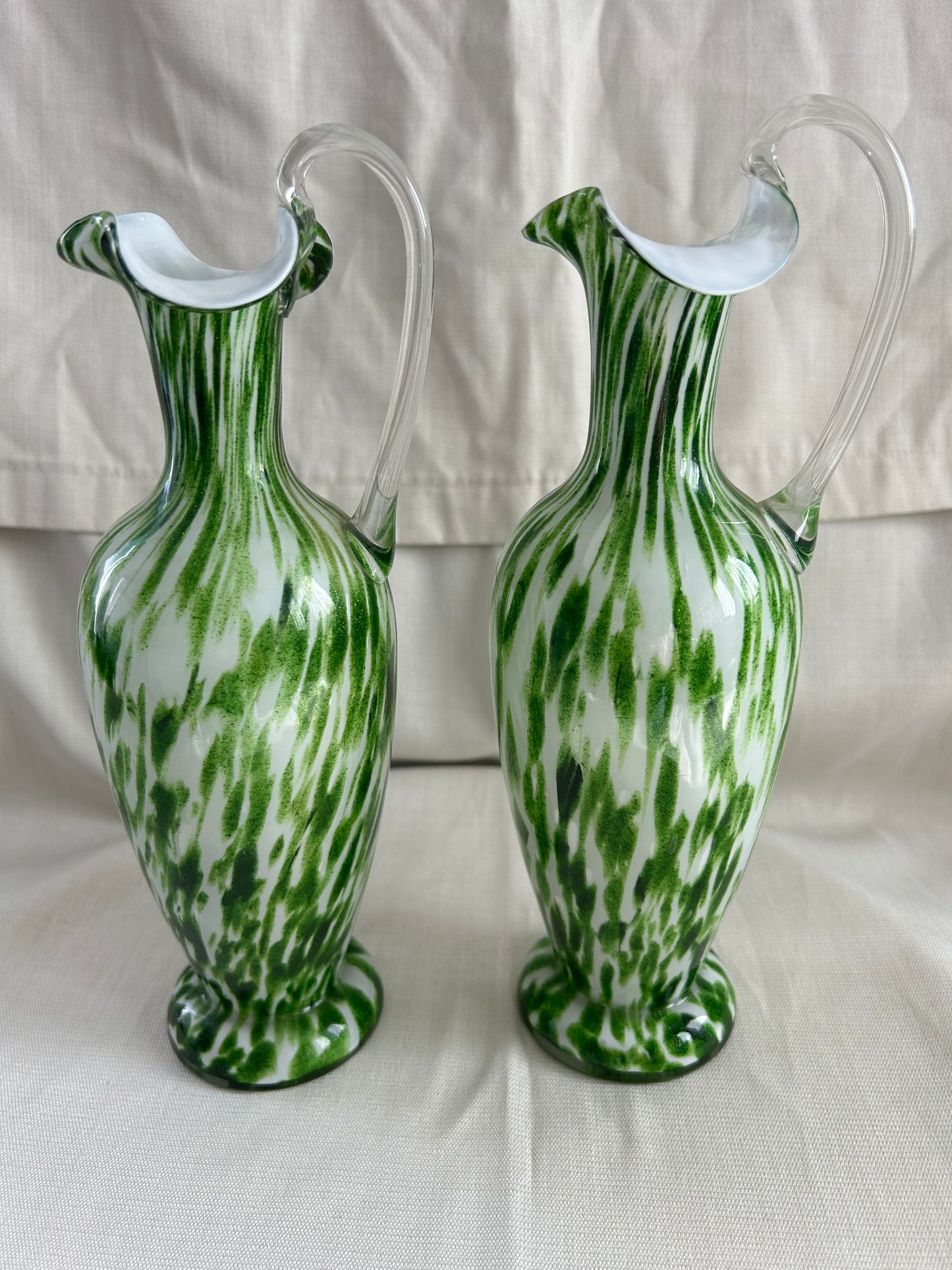 Vintage Pair Franz Welz Bohemian Glass Ewers In Green & White Splatter Jugs
