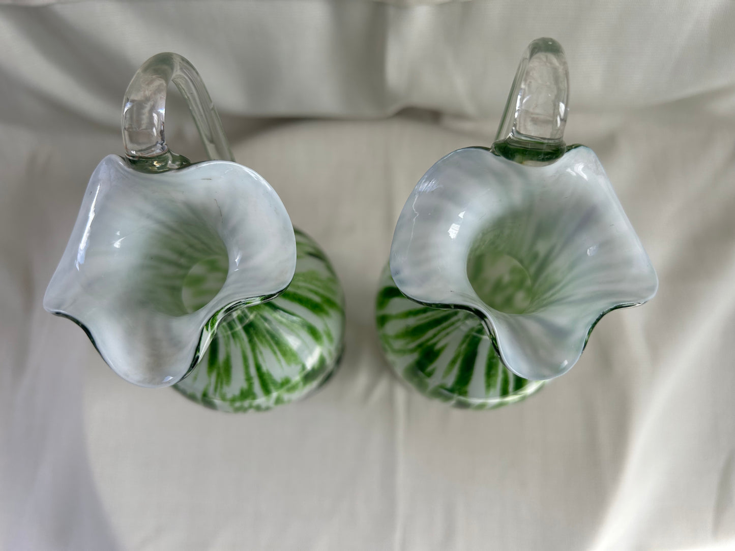 Vintage Pair Franz Welz Bohemian Glass Ewers In Green & White Splatter Jugs