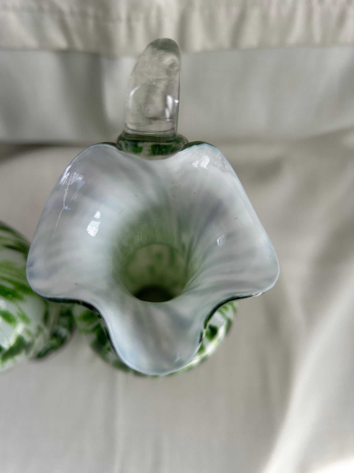 Vintage Pair Franz Welz Bohemian Glass Ewers In Green & White Splatter Jugs