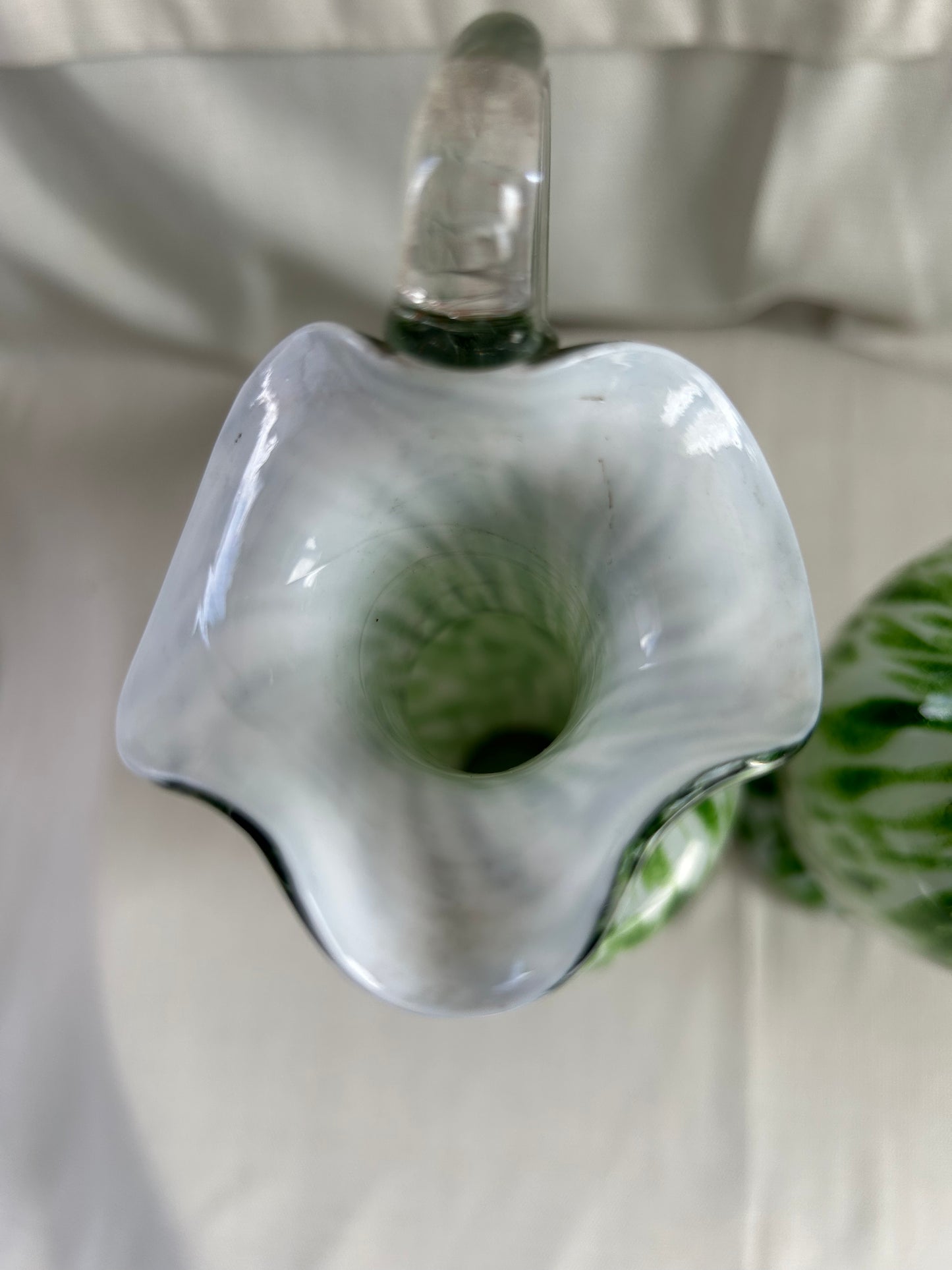 Vintage Pair Franz Welz Bohemian Glass Ewers In Green & White Splatter Jugs