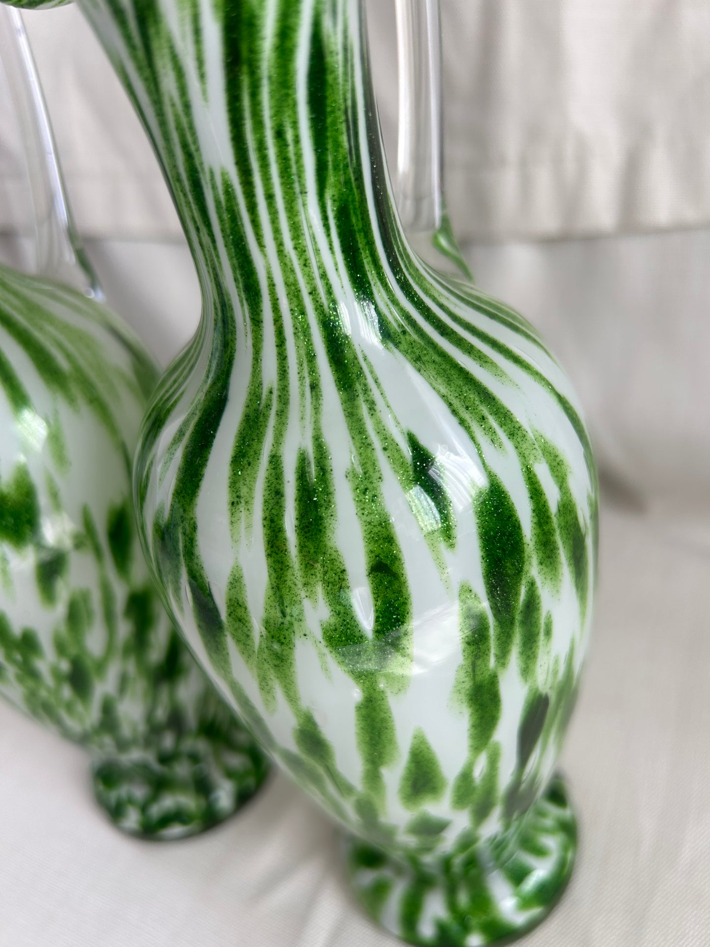 Vintage Pair Franz Welz Bohemian Glass Ewers In Green & White Splatter Jugs