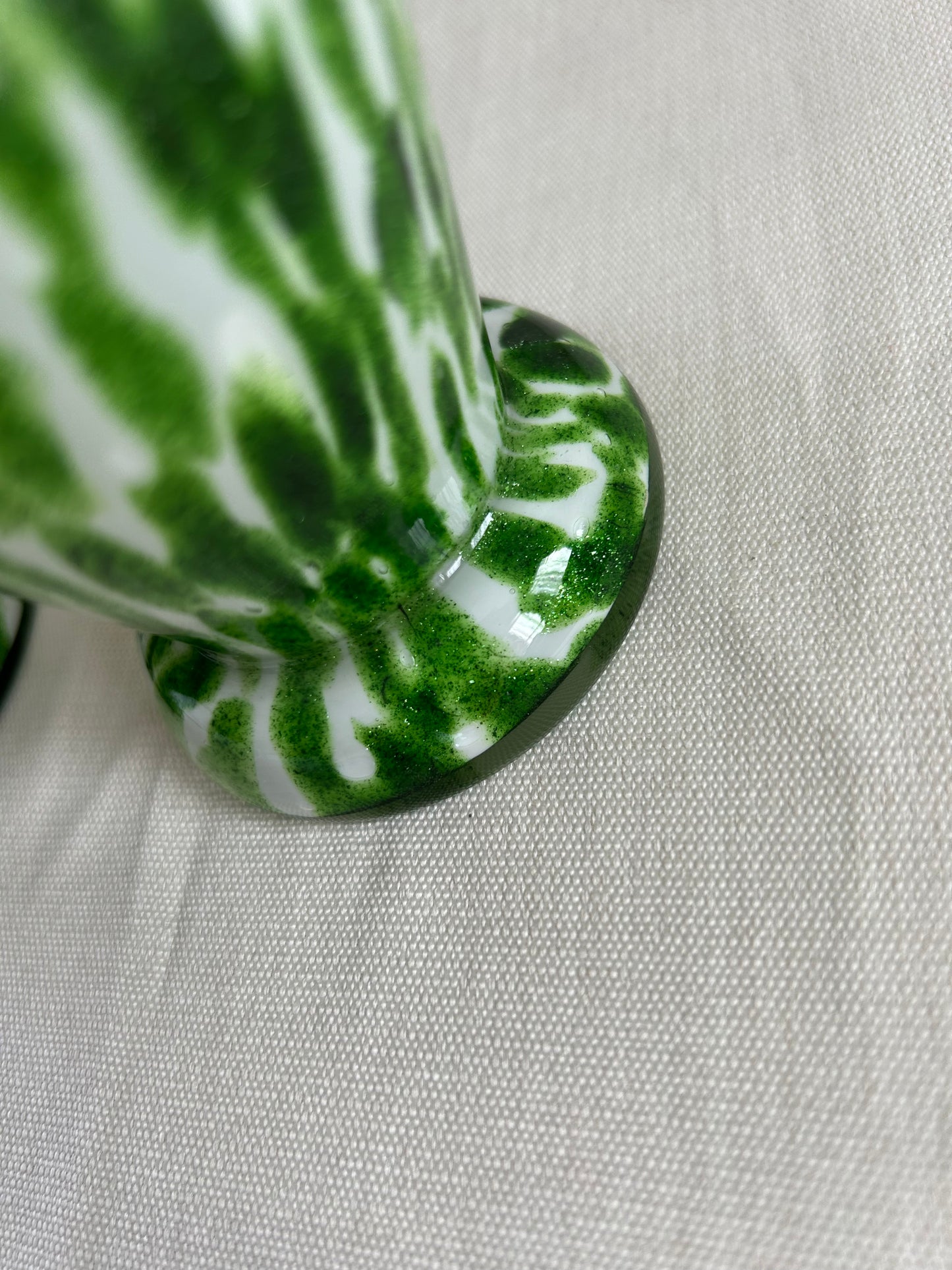 Vintage Pair Franz Welz Bohemian Glass Ewers In Green & White Splatter Jugs
