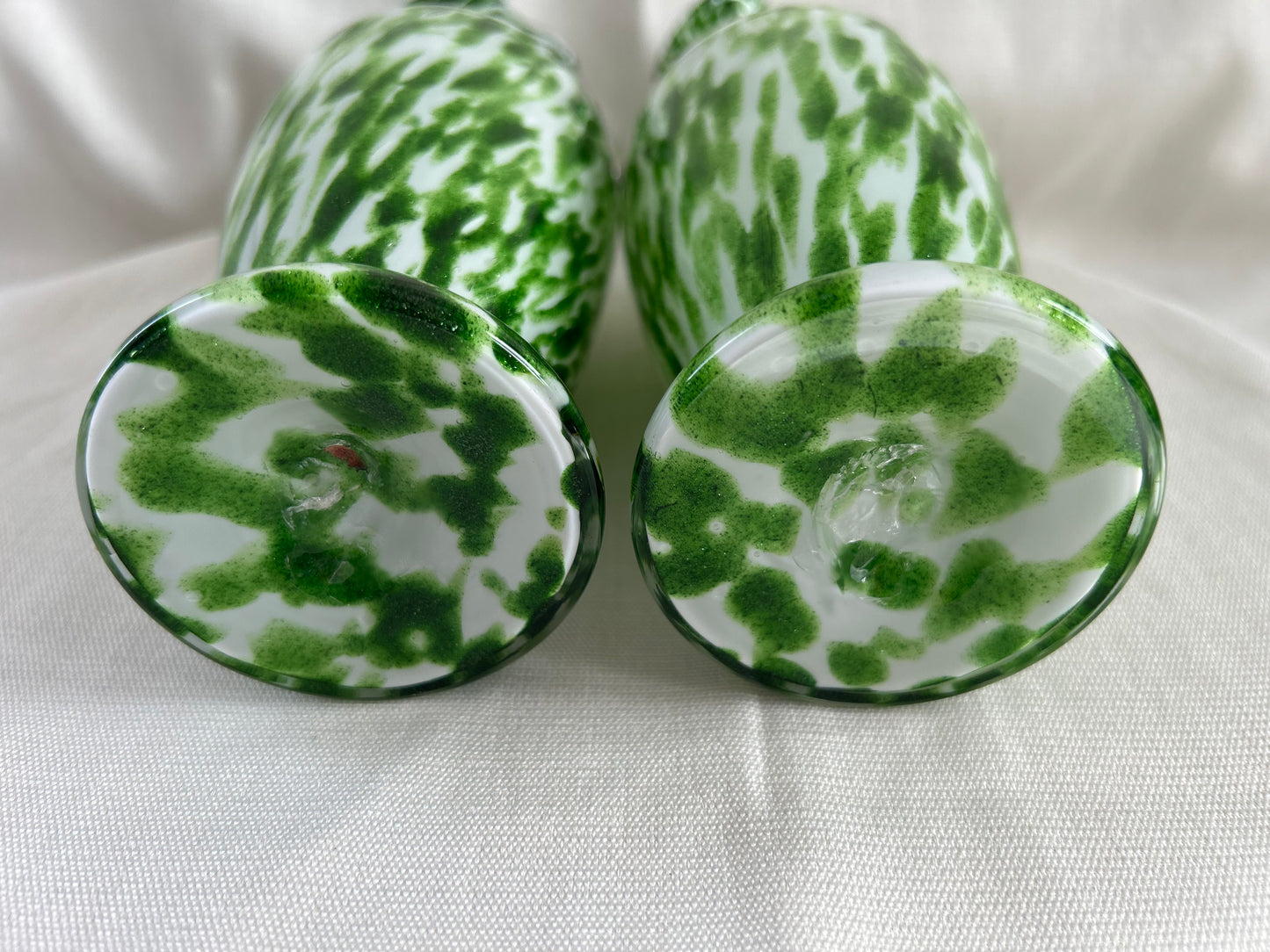 Vintage Pair Franz Welz Bohemian Glass Ewers In Green & White Splatter Jugs