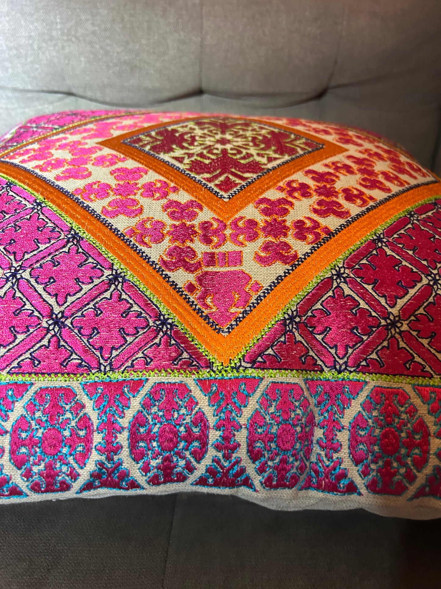 Vintage Retro Scandinavian Boho Embroidered Style Cushion Design Pink Orange (4 available)