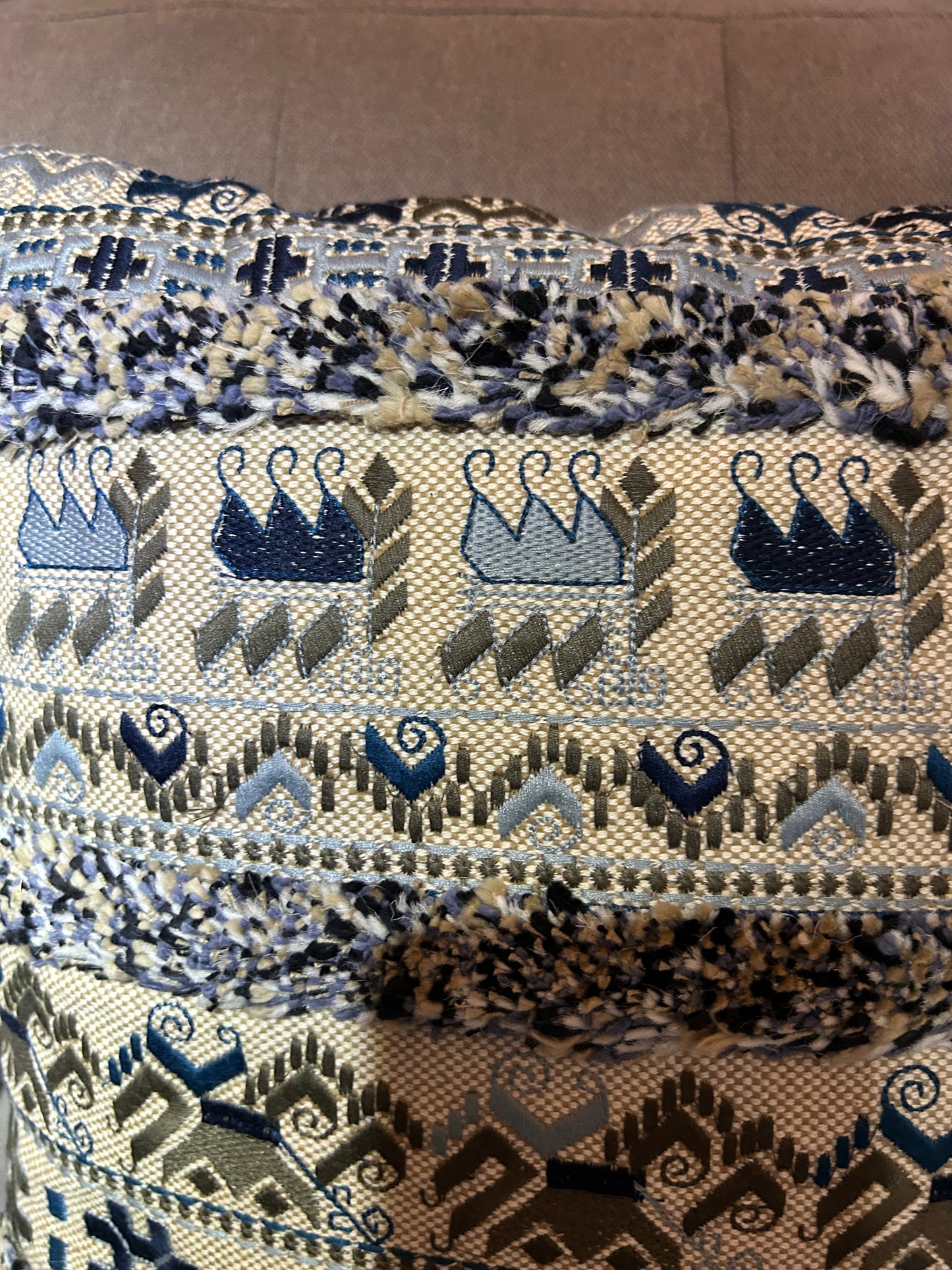 Vintage Retro Scandinavian Boho Embroidered Tuff Style Cushion Design Blue Brown (4 available)
