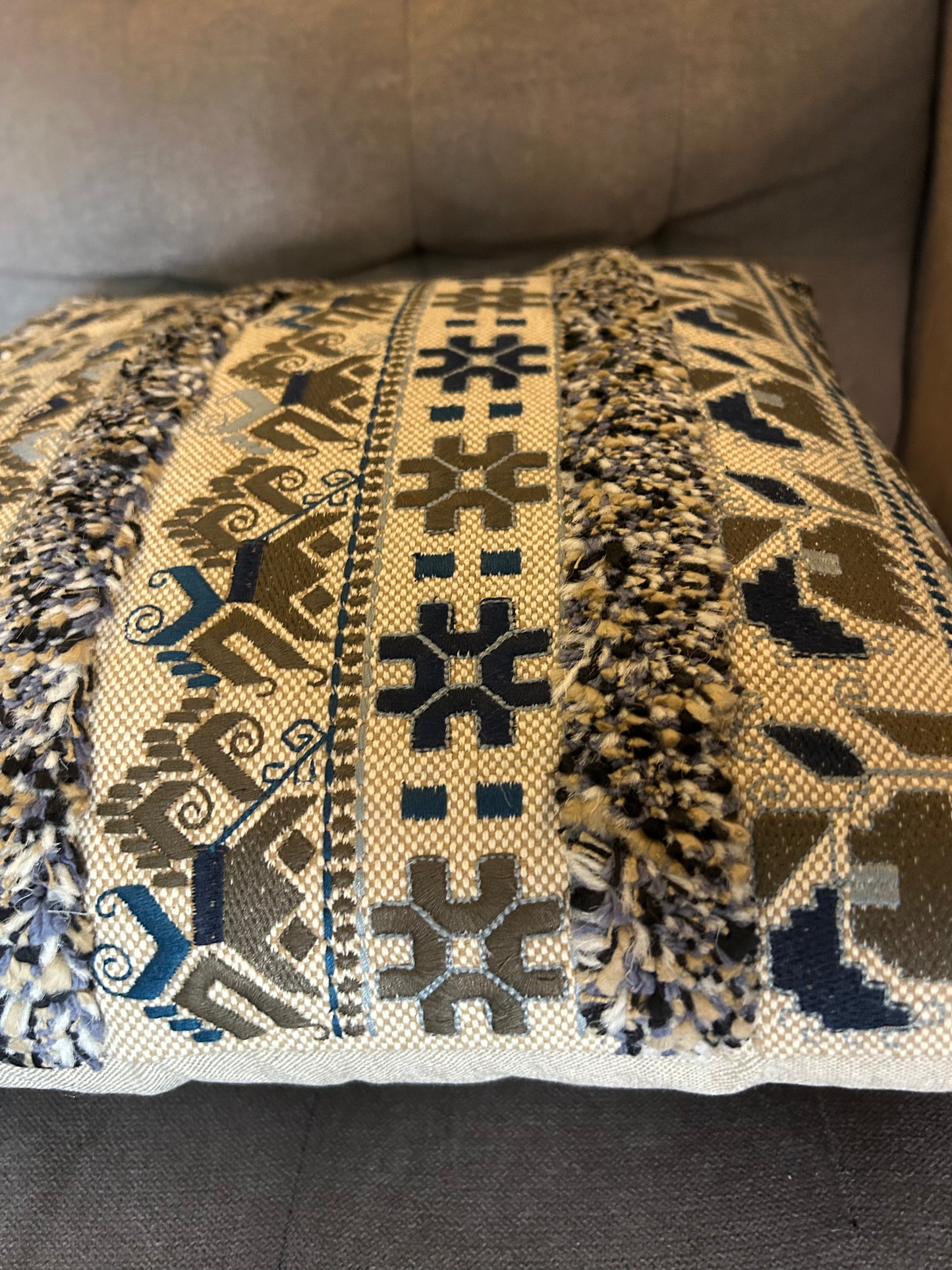 Vintage Retro Scandinavian Boho Embroidered Tuff Style Cushion Design Blue Brown (4 available)