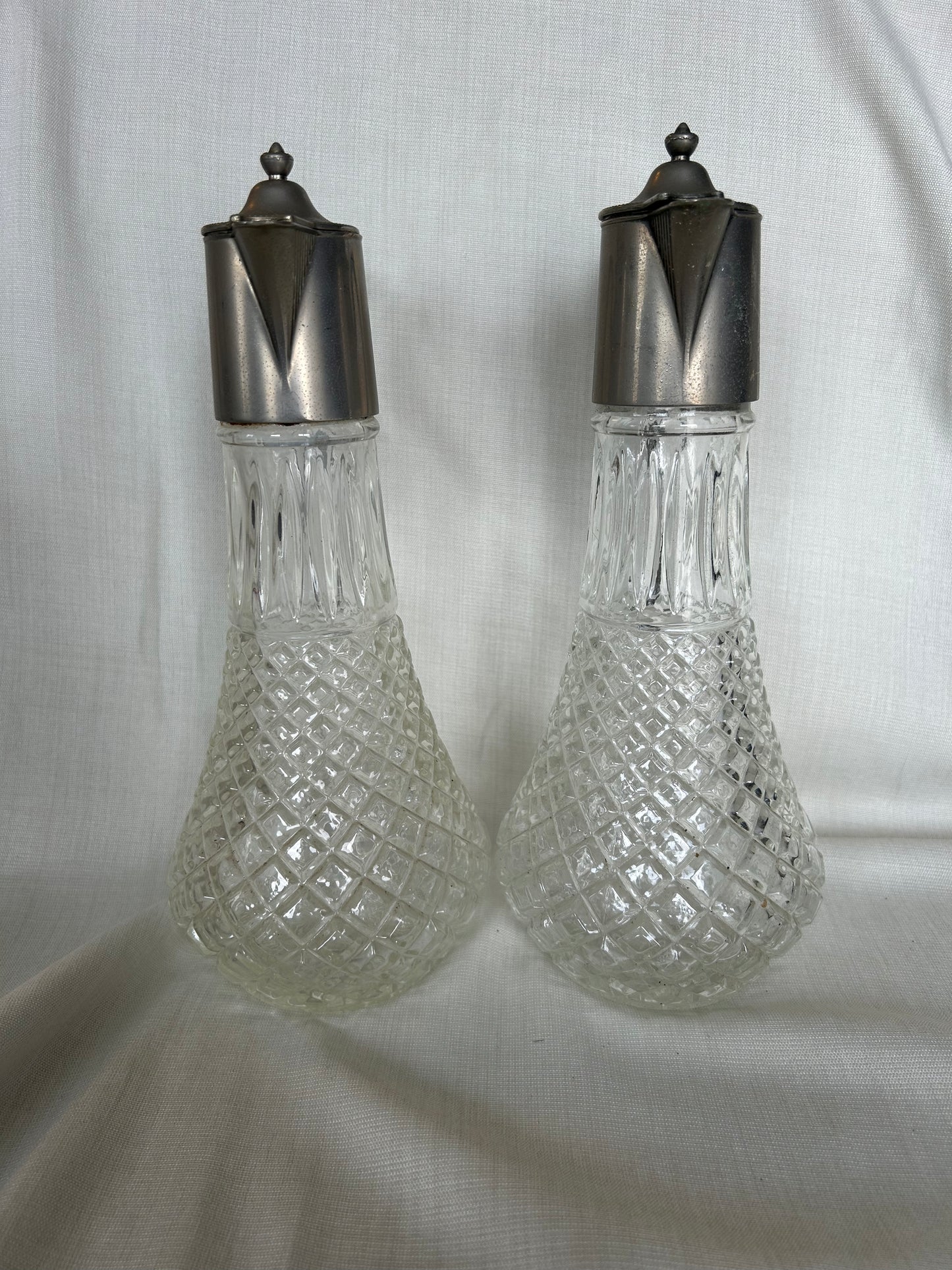 Pair of Antique E.P. Zinc Silver Plated Crystal Decanters