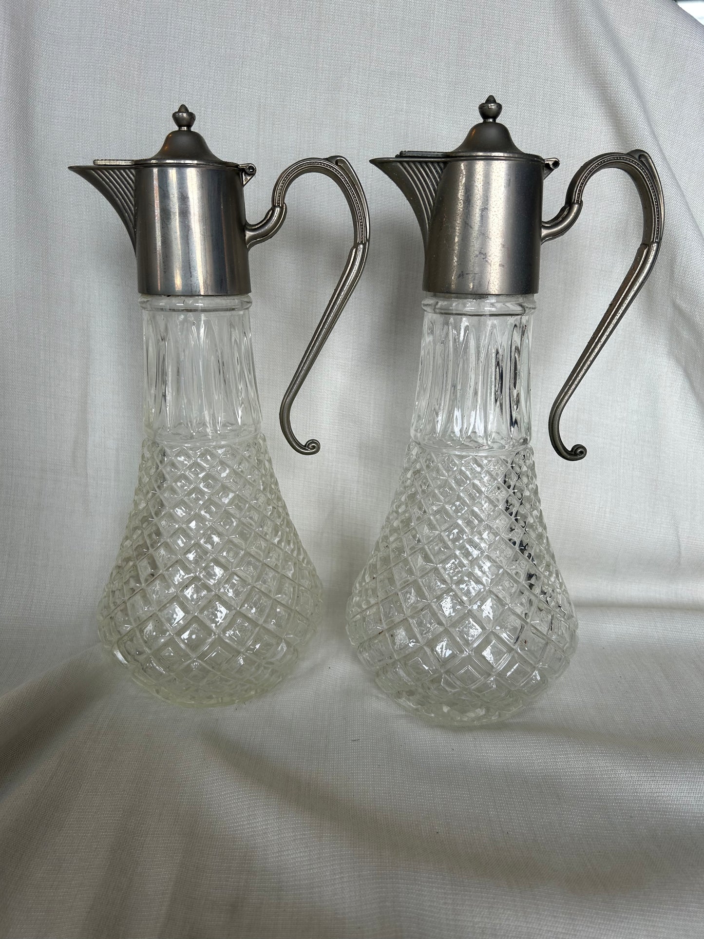 Pair of Antique E.P. Zinc Silver Plated Crystal Decanters