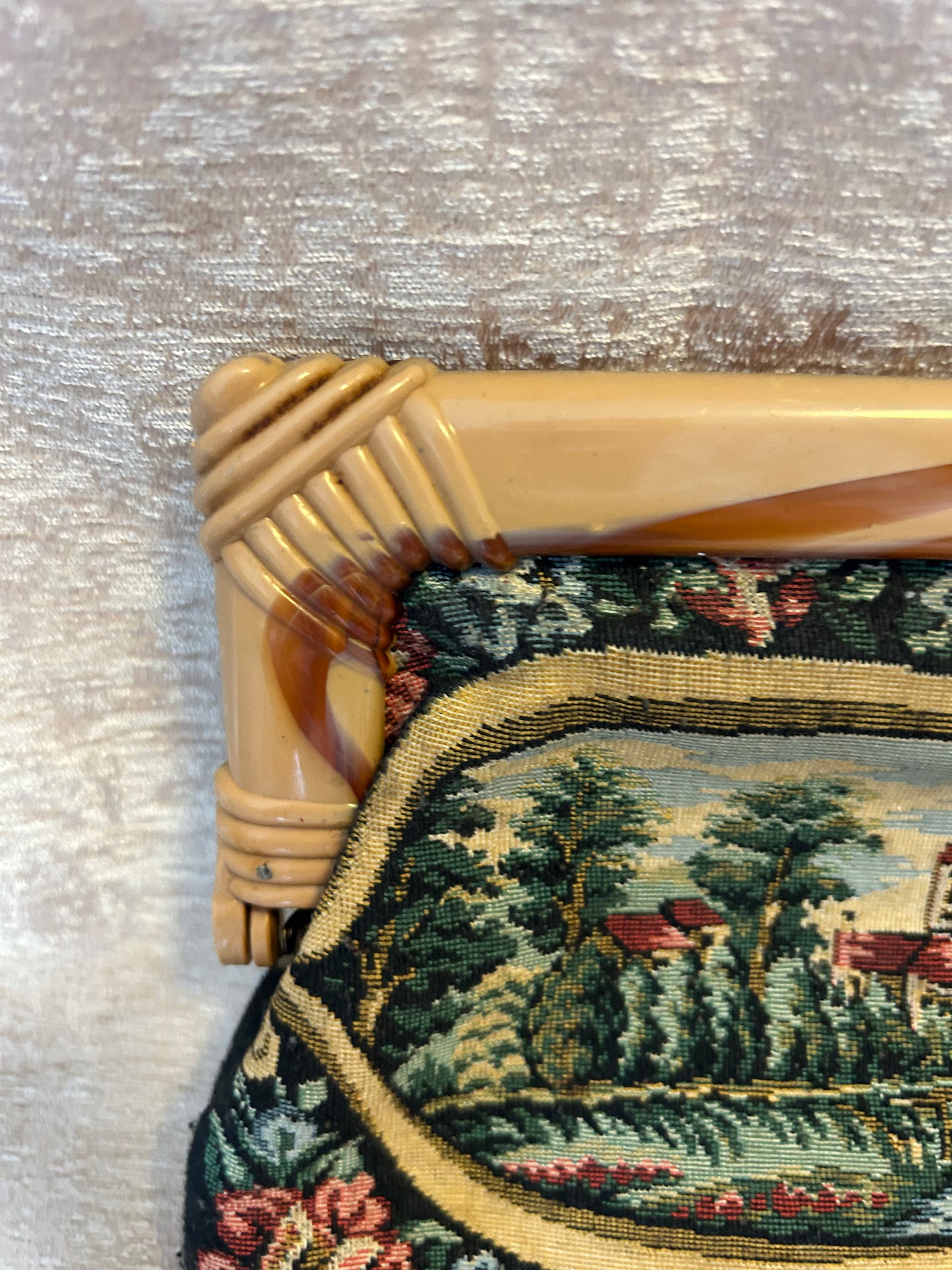 Vintage Tapestry Clutch Bag With Lucite Handle In Neutral Colours French Inspired