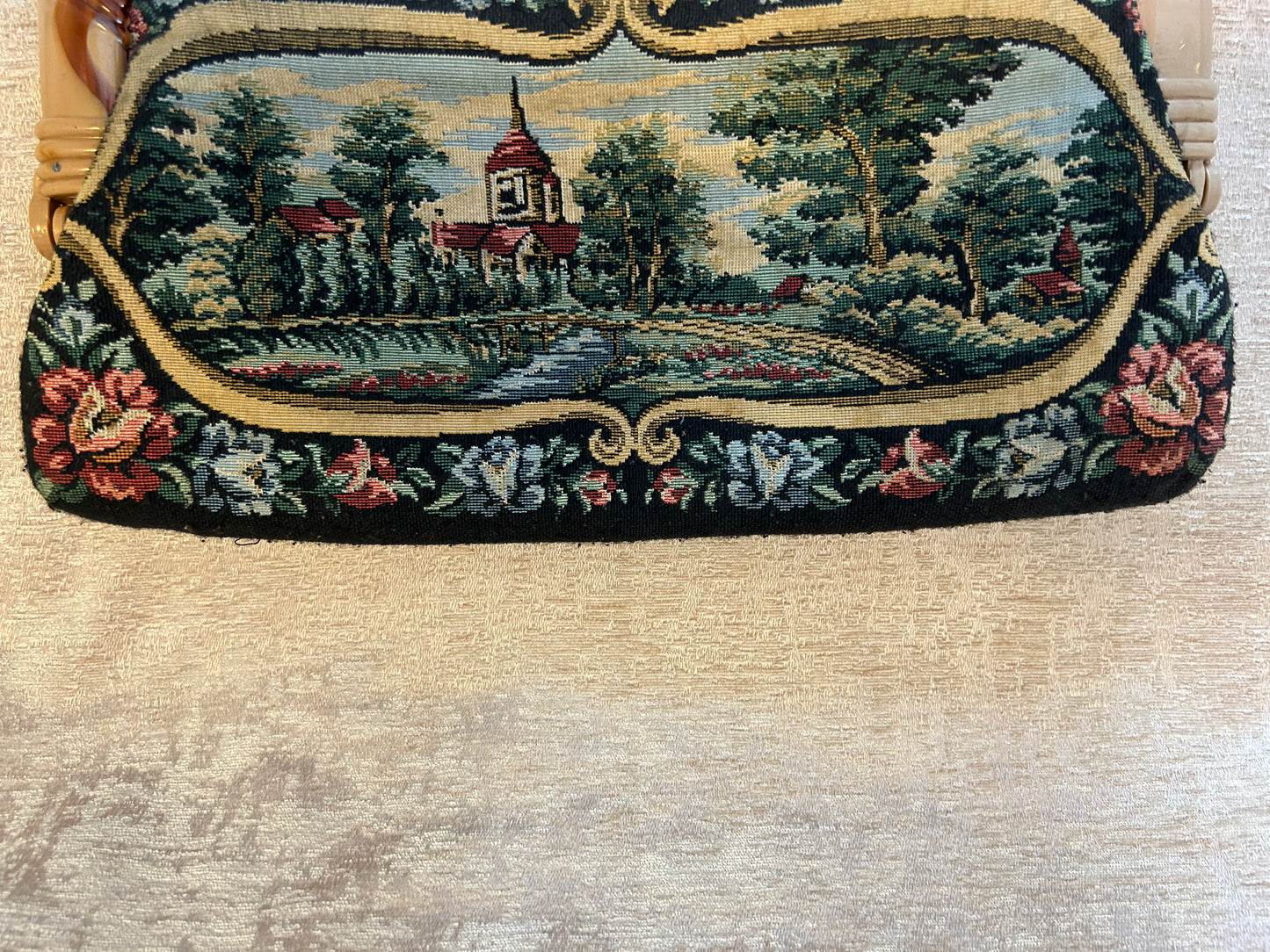 Vintage Tapestry Clutch Bag With Lucite Handle In Neutral Colours French Inspired