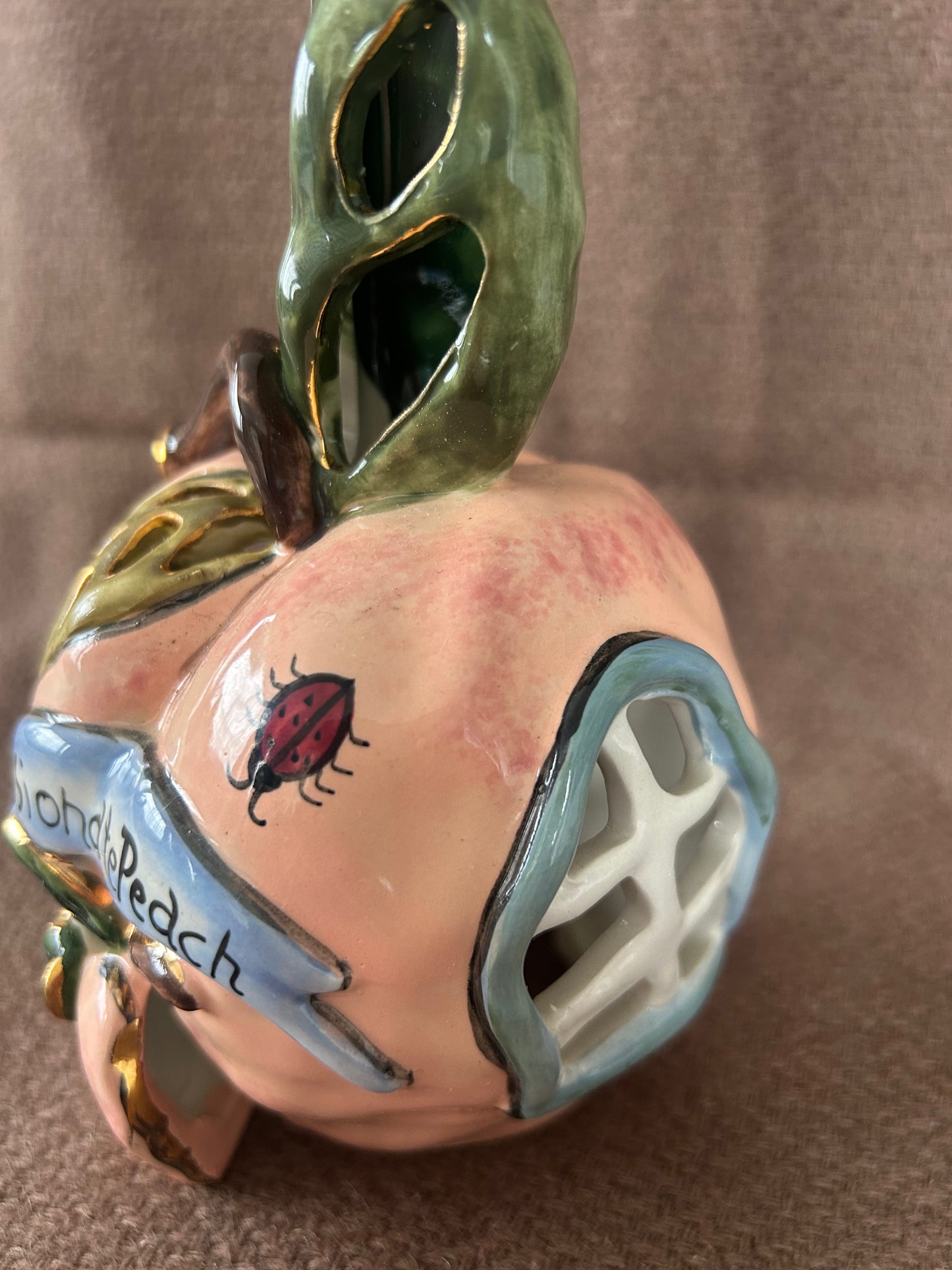 The Passionate Peach Blue Sky Clayworks Tea Light Heather Goldminc 2001 Complete With Plate