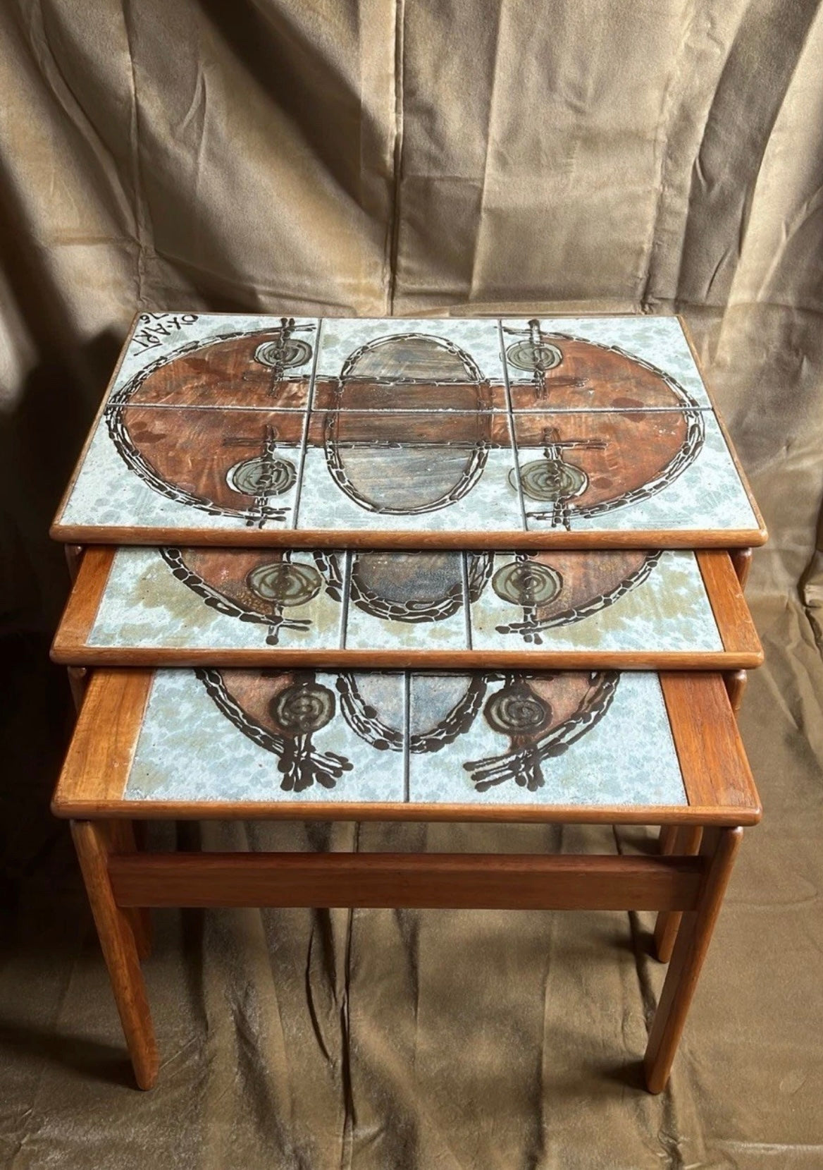 Danish Ox-Art Teak 1976 Nest Of Tables Tiled Tops
