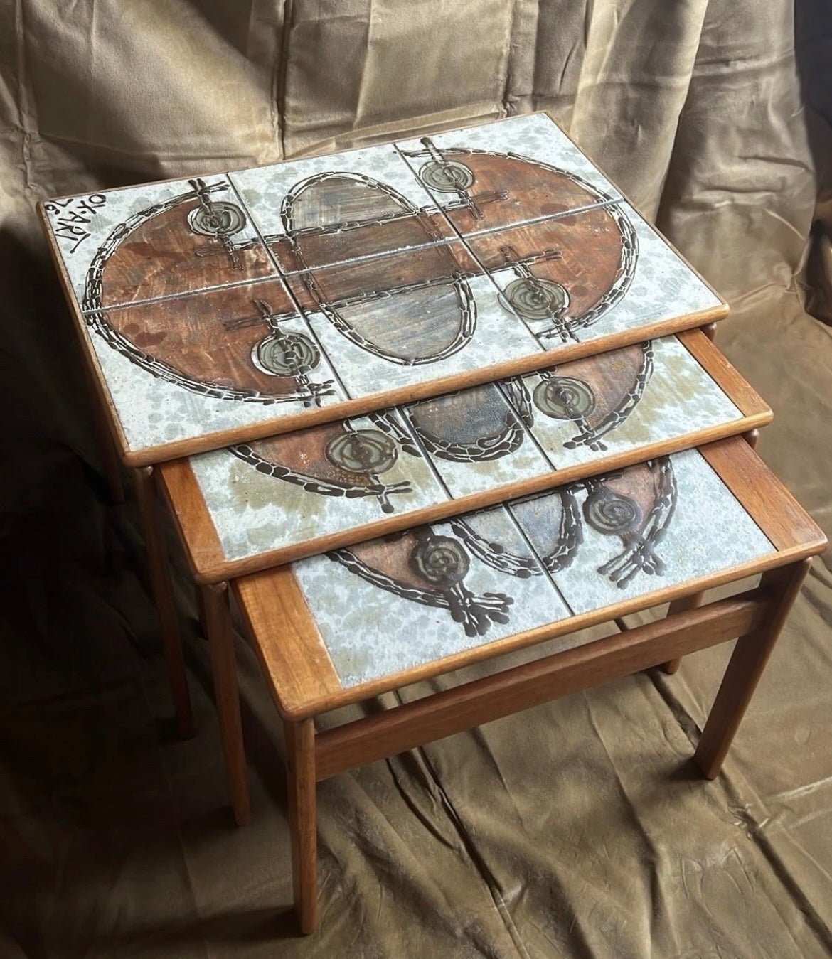 Danish Ox-Art Teak 1976 Nest Of Tables Tiled Tops