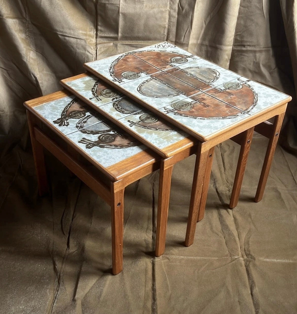 Danish Ox-Art Teak 1976 Nest Of Tables Tiled Tops