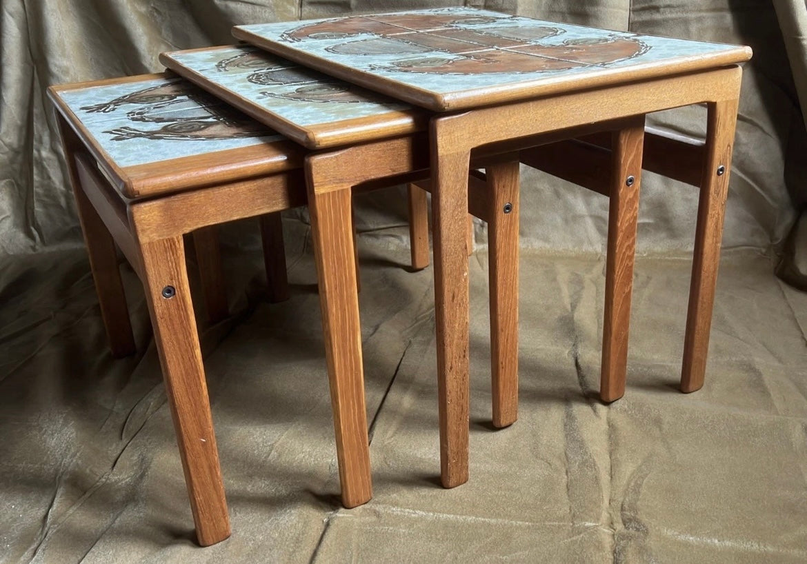 Danish Ox-Art Teak 1976 Nest Of Tables Tiled Tops