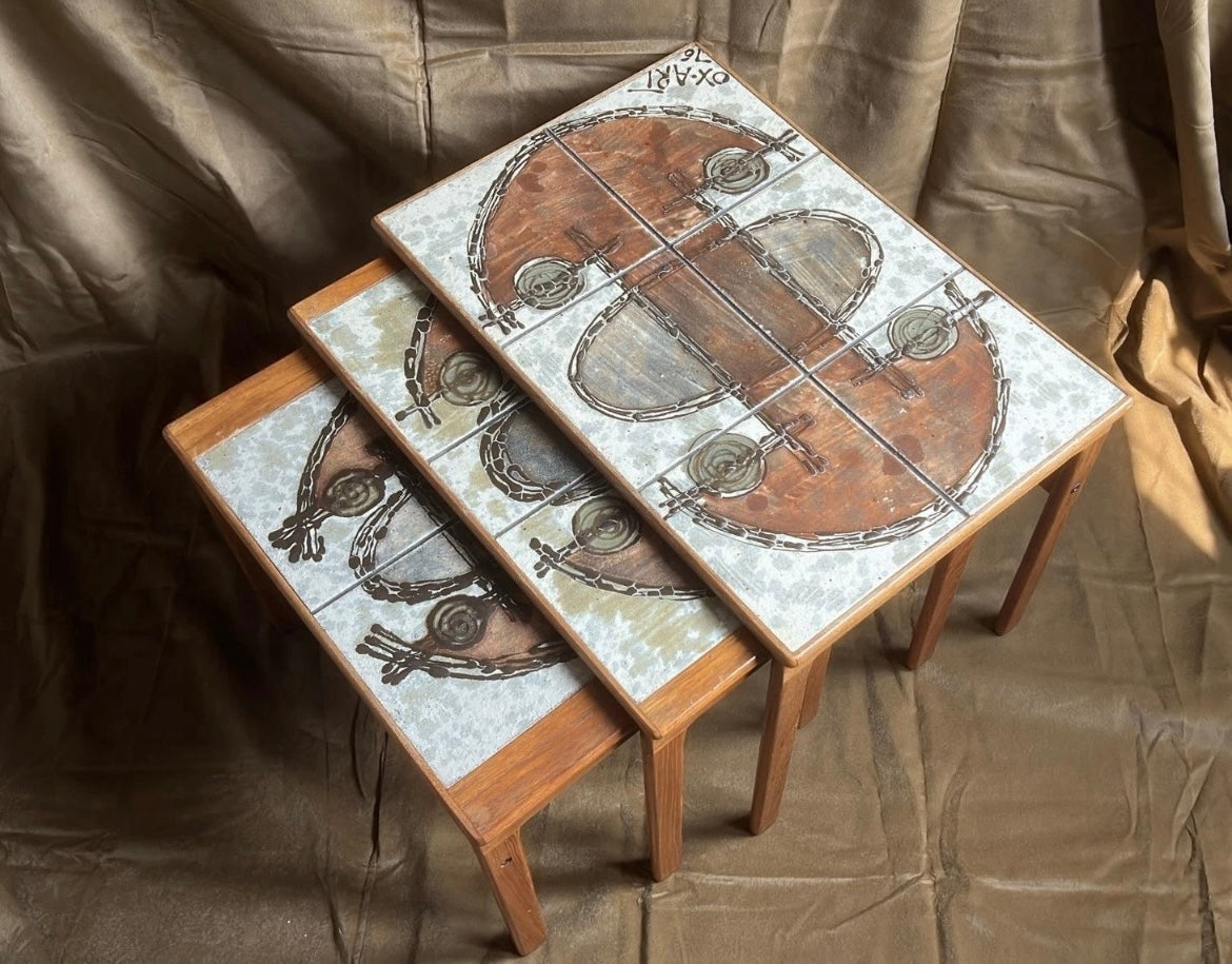 Danish Ox-Art Teak 1976 Nest Of Tables Tiled Tops