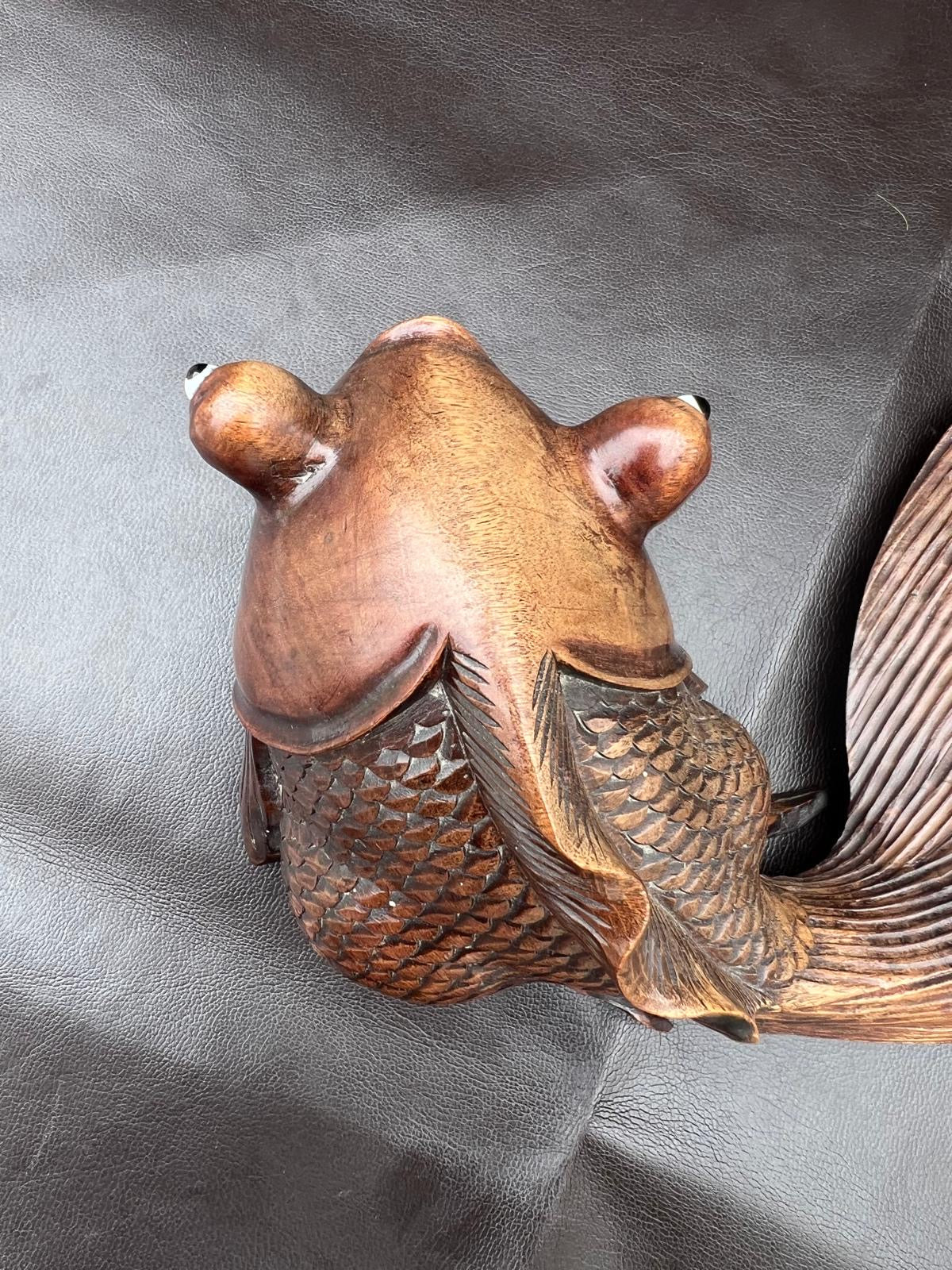 Stunning Pair of Rosewood Koi Carp Fish Ornaments with Glass Eyes Hand Carved