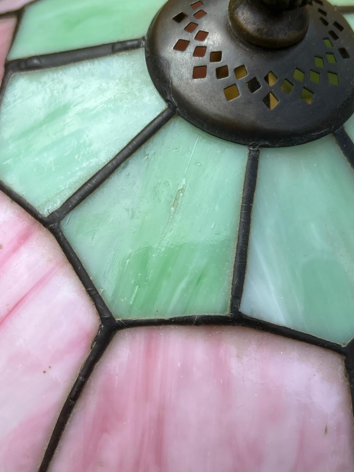 A Stunning Pair of Art Nouvea Tiffany Style Table Lamps Pink & Green