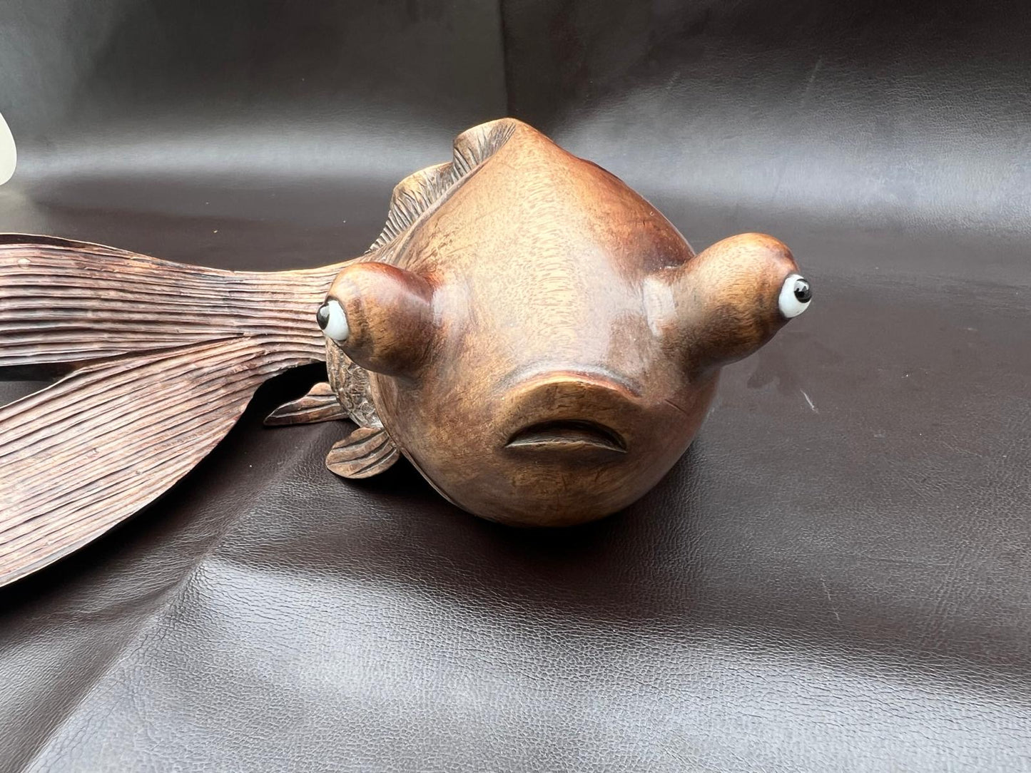 Stunning Pair of Rosewood Koi Carp Fish Ornaments with Glass Eyes Hand Carved