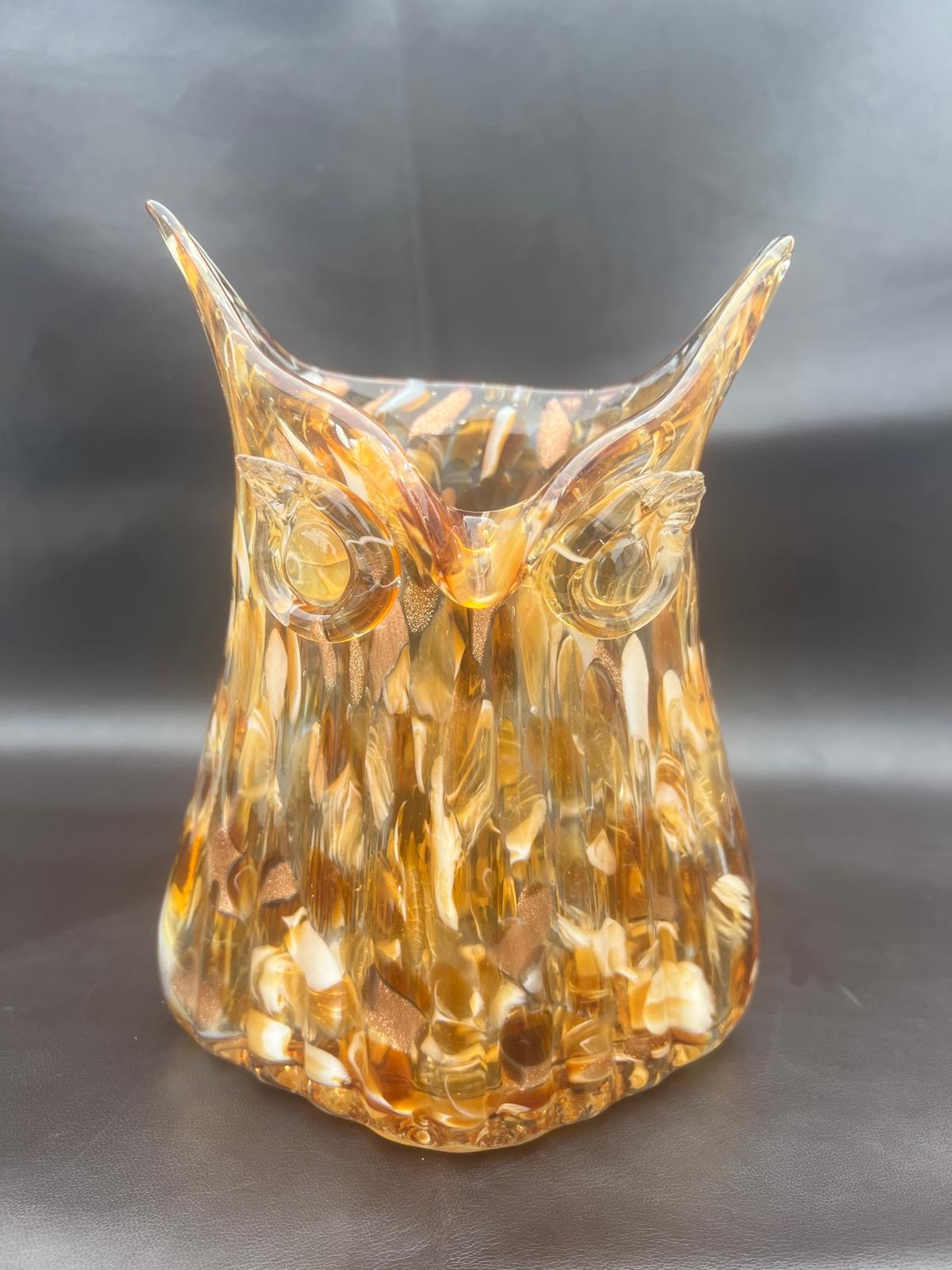 Vintage Murano Italy Hand Blown Glass Owl Vase Amber Brown Gold Glitter