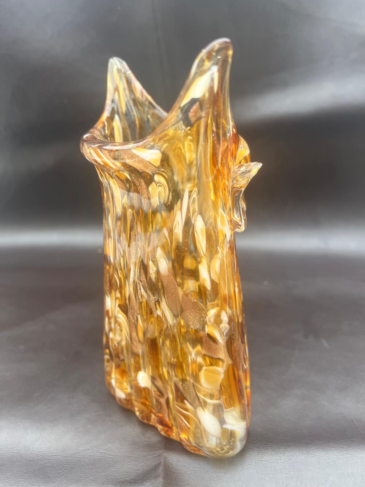 Vintage Murano Italy Hand Blown Glass Owl Vase Amber Brown Gold Glitter