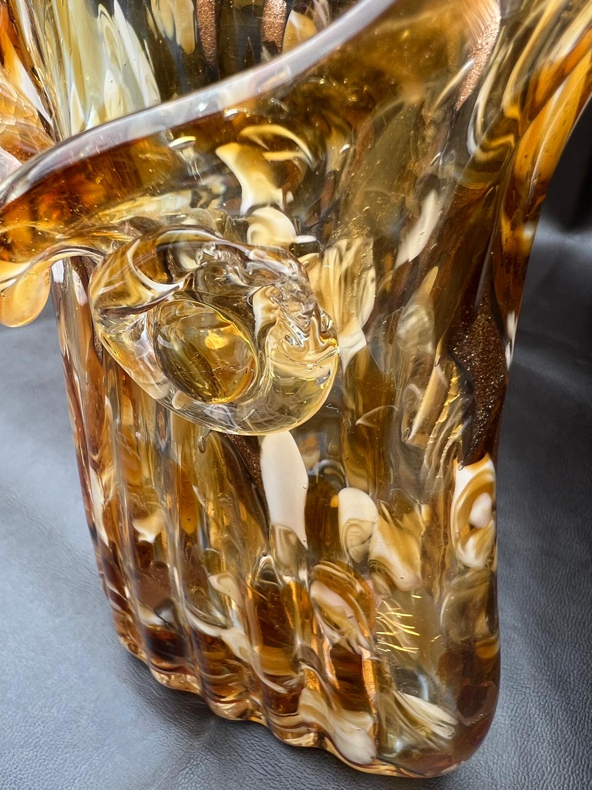 Vintage Murano Italy Hand Blown Glass Owl Vase Amber Brown Gold Glitter