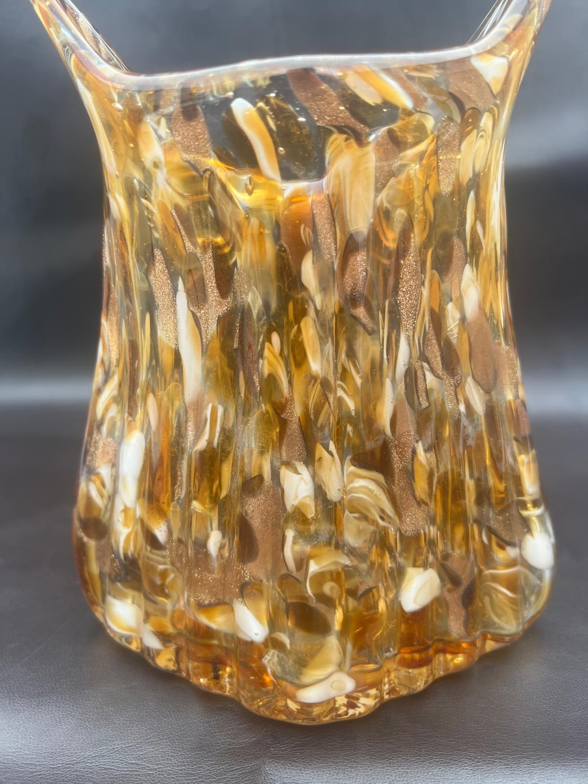 Vintage Murano Italy Hand Blown Glass Owl Vase Amber Brown Gold Glitter