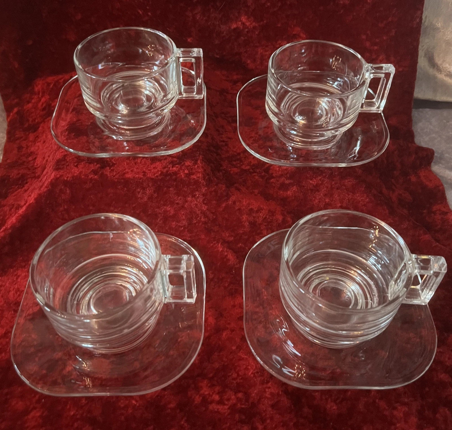 4 Retro Joe Colombo Italian Glass Coffee Cups And Saucers Model: ‘Arno’