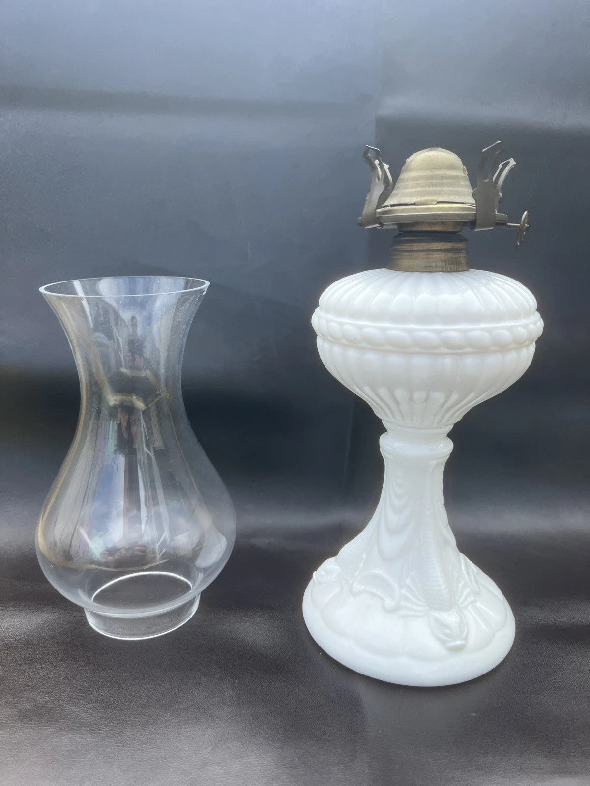 Antique 19th Century French Portieux Vallerysthal White Opaline Milk Glass Oil Lamp