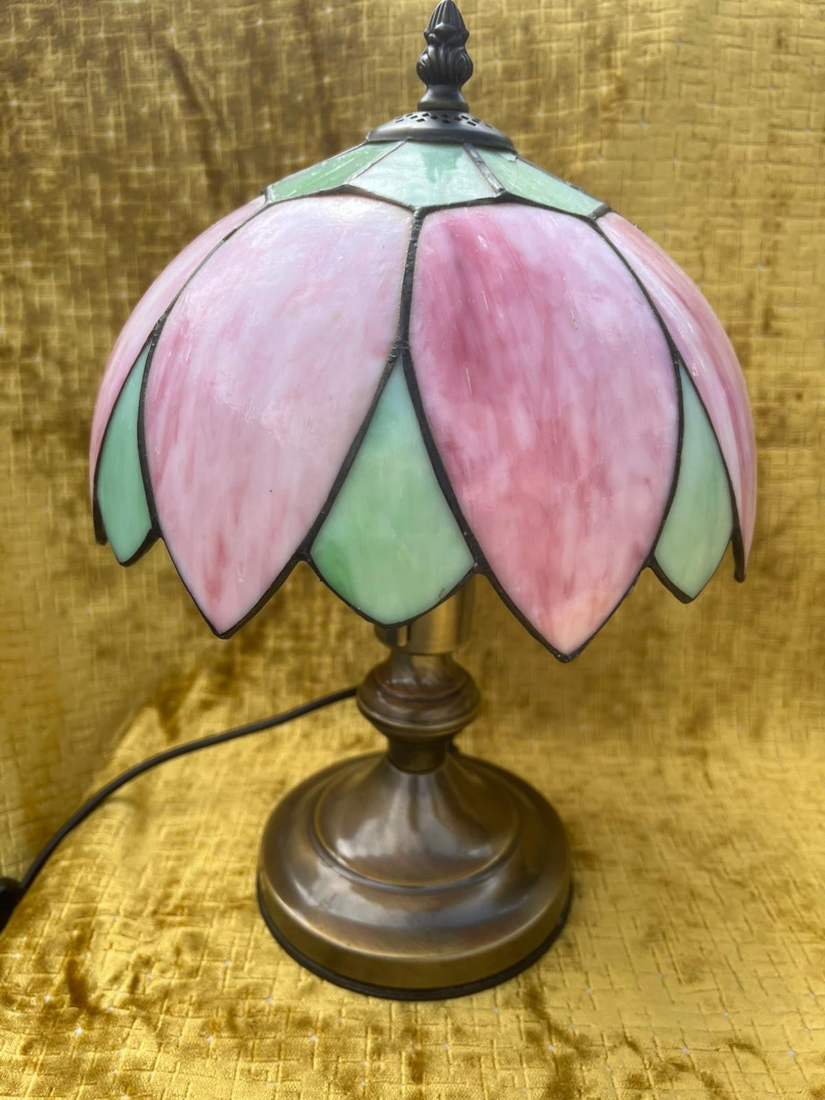 A Stunning Pair of Art Nouvea Tiffany Style Table Lamps Pink & Green