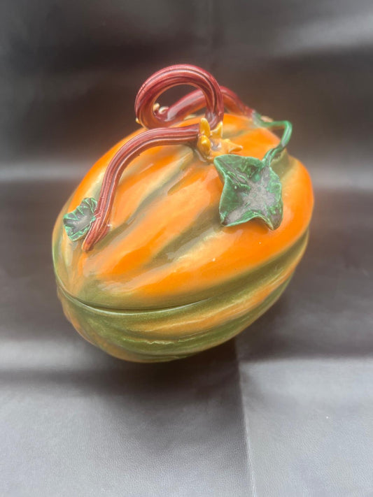 Vintage Ceramic Pumpkin Dish In Majolika Style Hand Painted Autumn Fall VGC