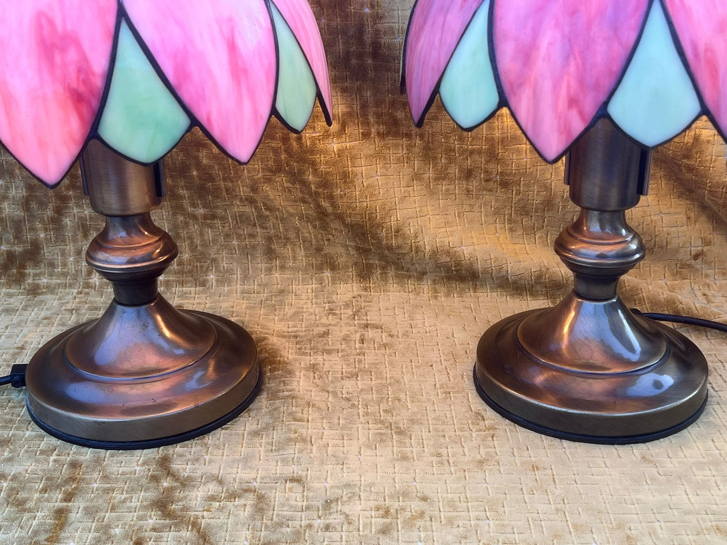 A Stunning Pair of Art Nouvea Tiffany Style Table Lamps Pink & Green